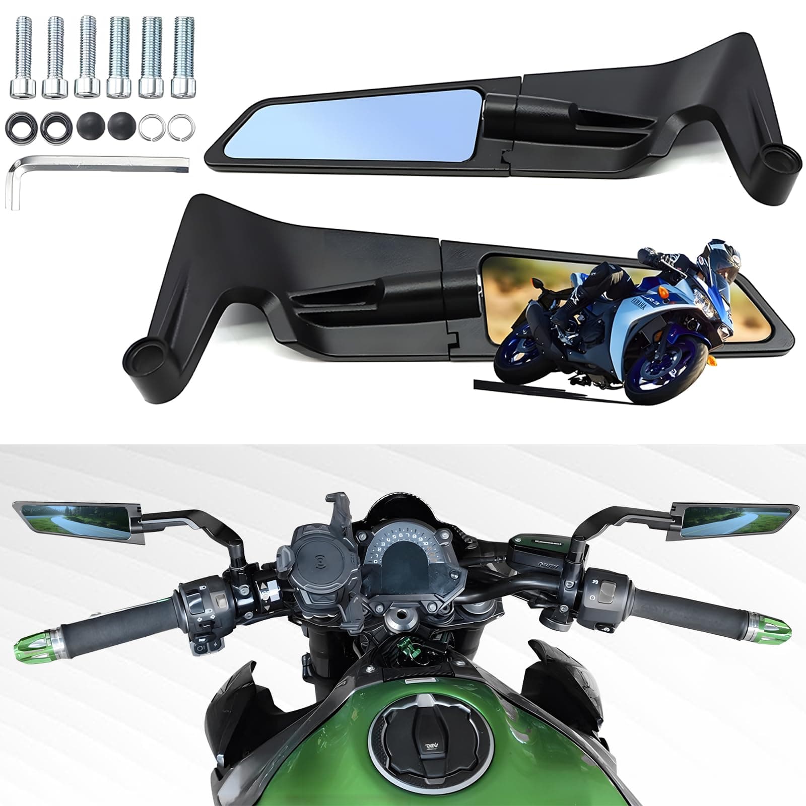 Motorcycle Rear View Mirrors, Stealth Wind Wing Side Mirrors Compatible with 2025 Kawasaki Z400 Z650 Z900 Z1000 Duke 125 200 250 390 690 790 1290 MT03 MT07 MT09 MT10 etc(Anti-glare)