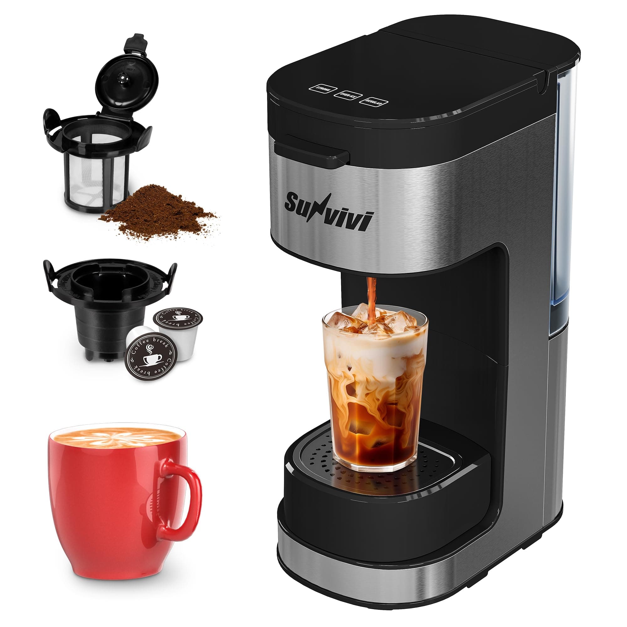 3-in-1 Single Serve Coffee Machine Brewer for K Pod Pods, Ground Coffee, and Teas, Iced Coffee Maker with Removable Water Reservoir 6 to 14oz, 2 Cup Trays, Self-Cleaning Function - Black