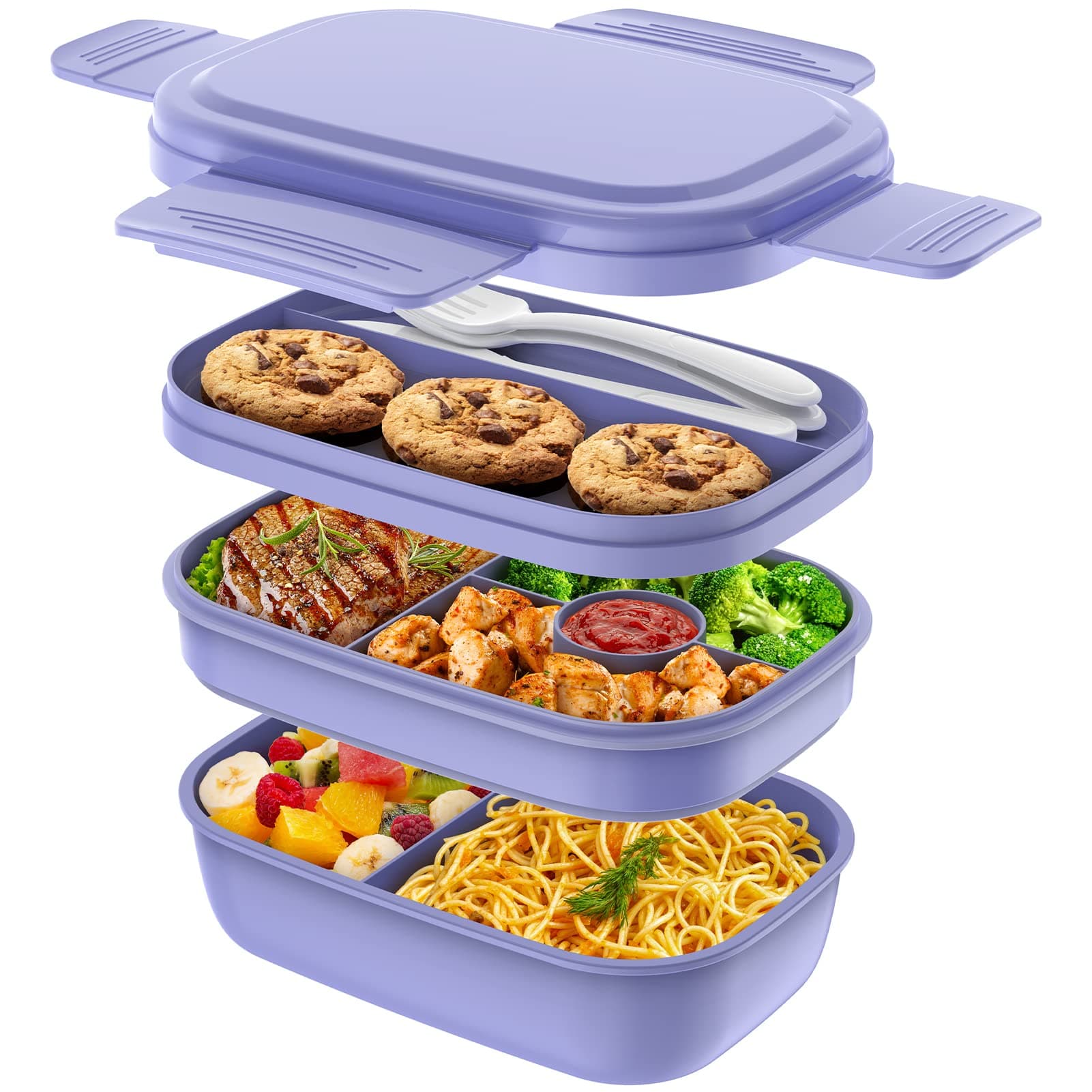 HOMETALL Stackable Lunch Box for Adults and Kids, Large Capacity, 1,900ml, Leak Proof, Lunch Box Containers with Tableware Set, For Dining Out, Work, Picnic, School