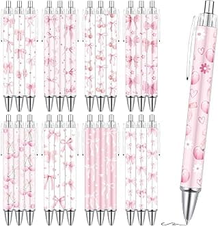 Wxiben Coquete Bows Ballpoint Pens - 24PCS Pink Ribbon Bows Pens Set Cute Cherries Smooth Writing Pens Retractable Pink Conquette Bow Pen for Office Stationery School Supplies for Women Teacher Gifts