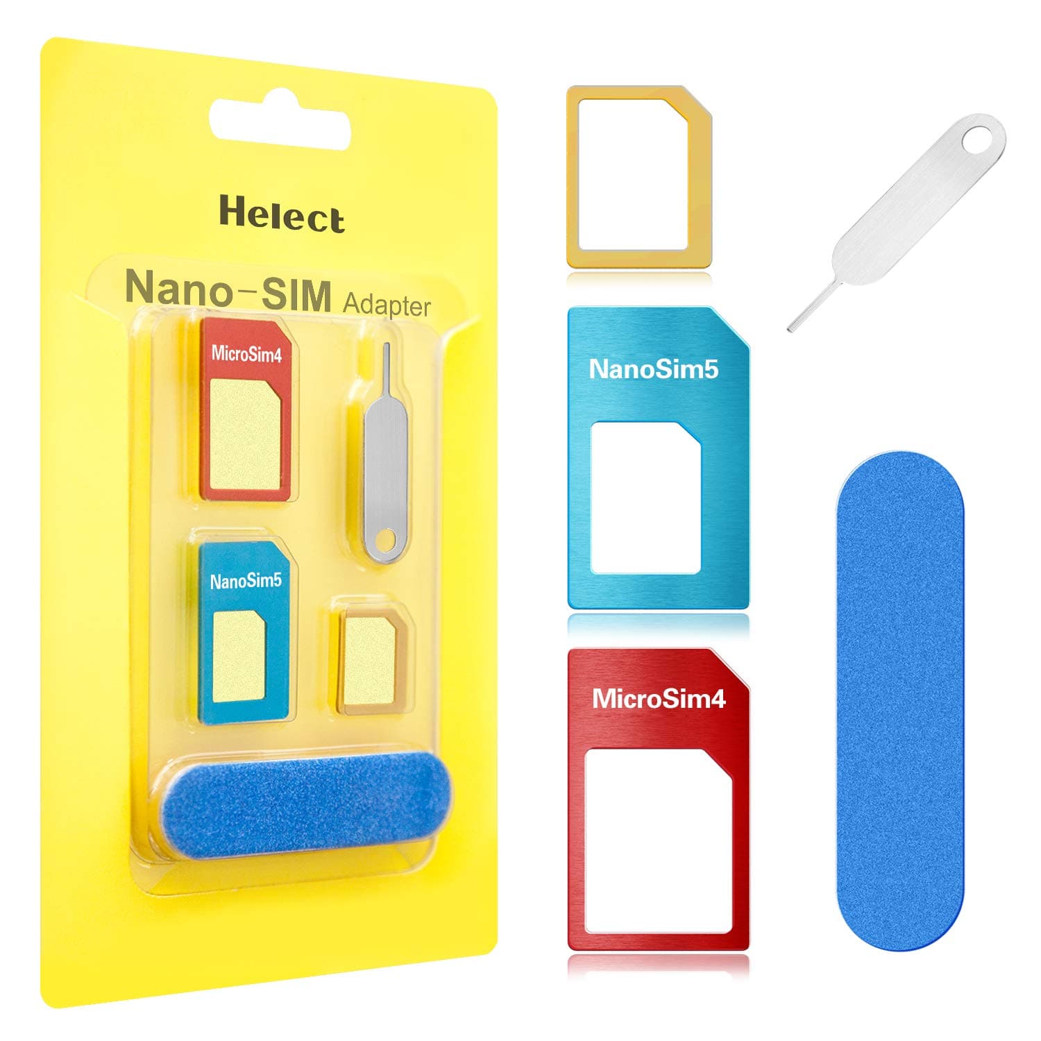 Helect SIM Card Adapter, 5-in-1 Nano & Micro SIM Card Adapter Kit Converter with Polish Chip and Eject Needle - H1050