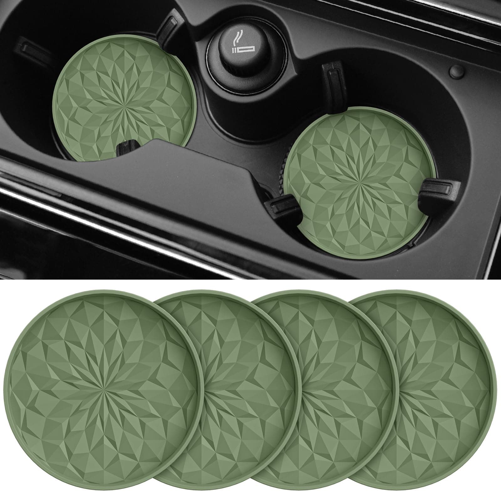 ME.FAN Car Coasters for Cup Holders [4 Pack] - 2.75In Silicone Auto Mug Mats - Universal Non-Slip Recessed Car Interior AccessoriesOlive Green