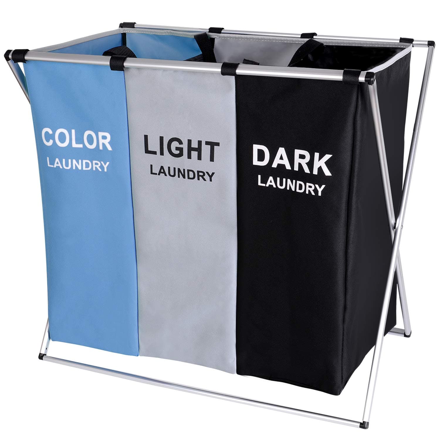 135L Laundry Cloth Hamper Bag Sorter Basket Bin Foldable 3 Sections with Aluminum Frame 24'' × 14'' x 23'' Washing Storage Dirty Clothes Bag for Bathroom Bedroom Home (BLUE)