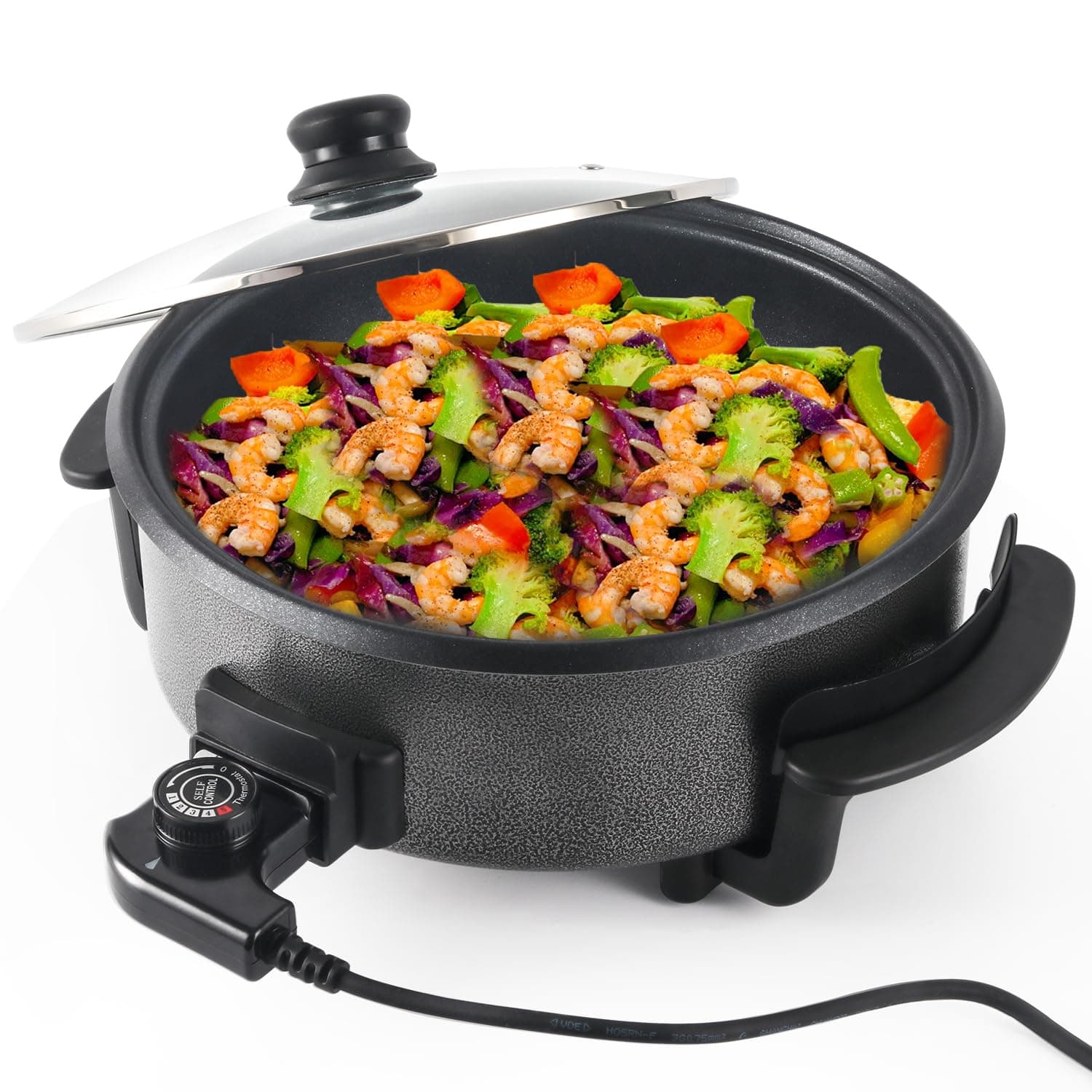 Electric Frying Pan with Tempered Glass Lid, Non-Stick Coating, 30cm, 1500W Electric Skillet Detachable Thermostat Temperature Control, Steel Base, 7cm Depth