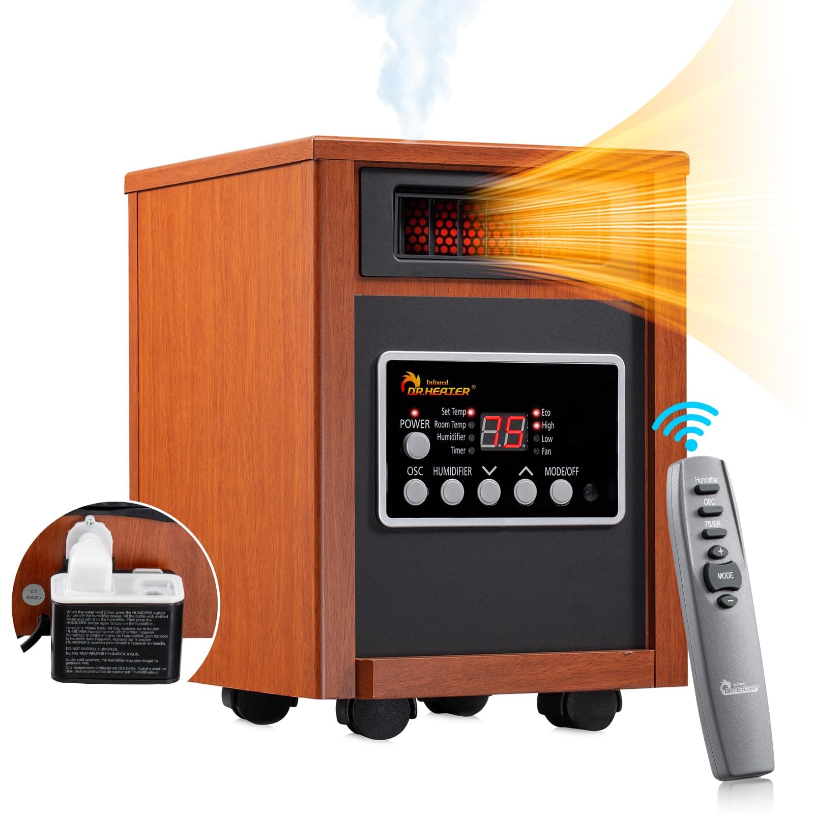 DR-998, 1500W Dual Heating Infrared Space Heater with Humidifier, Oscillation, Remote Control, Thermostat & Safety Protection, Portable with Wheels, Energy Efficient, Cherry