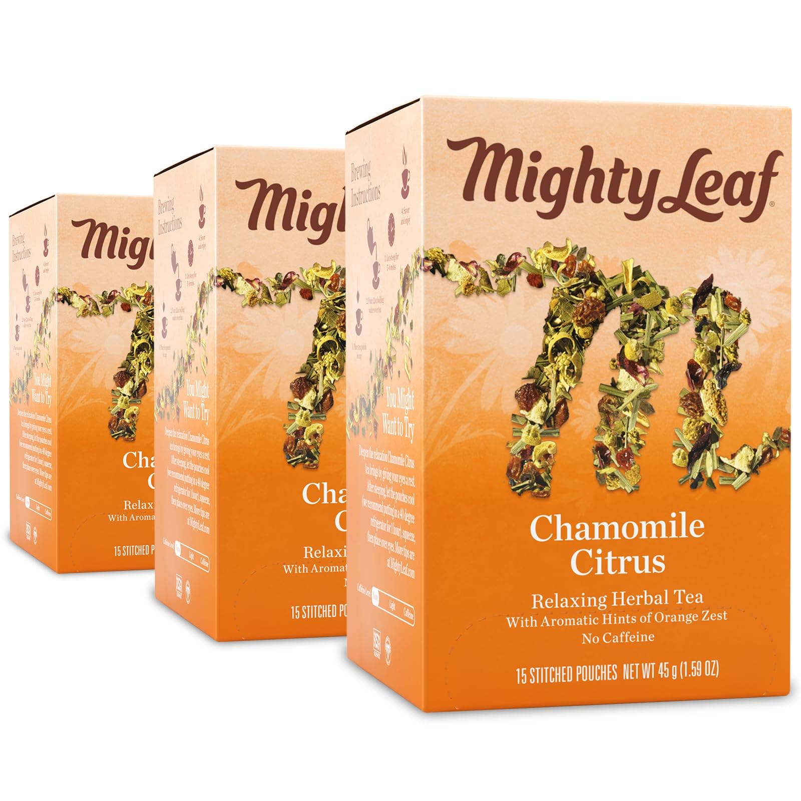 Mighty Leaf Chamomile Citrus Tea, Herbal Blend, 15 Whole Leaf Silk Bags (Pack of 3)