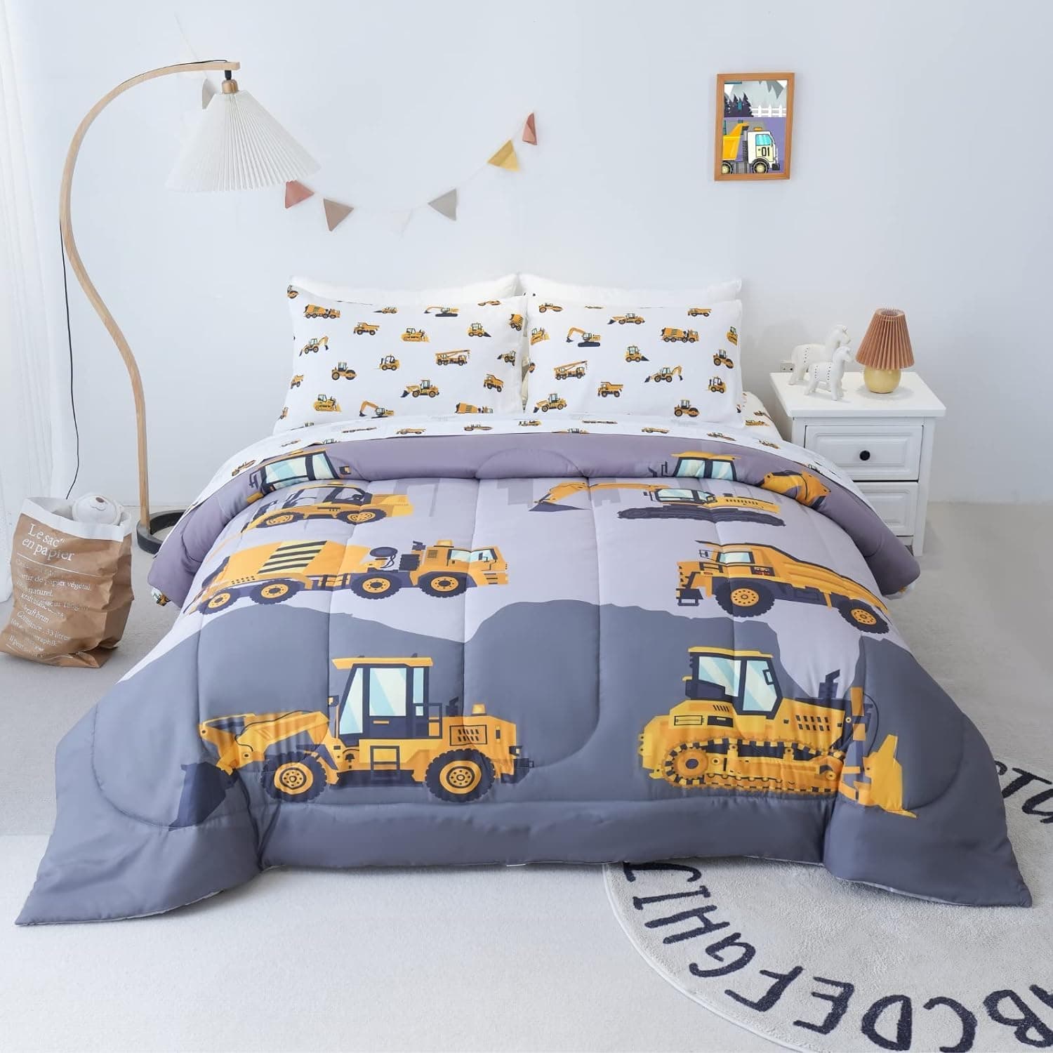 Cokouchyi Full Size Comforter Set for Boys, 5-Piece Bed in a Bag, 3D Construction Bedding Comforter Sheet Set, Ultra Soft and Fluffy, Cartoon Truck Cars