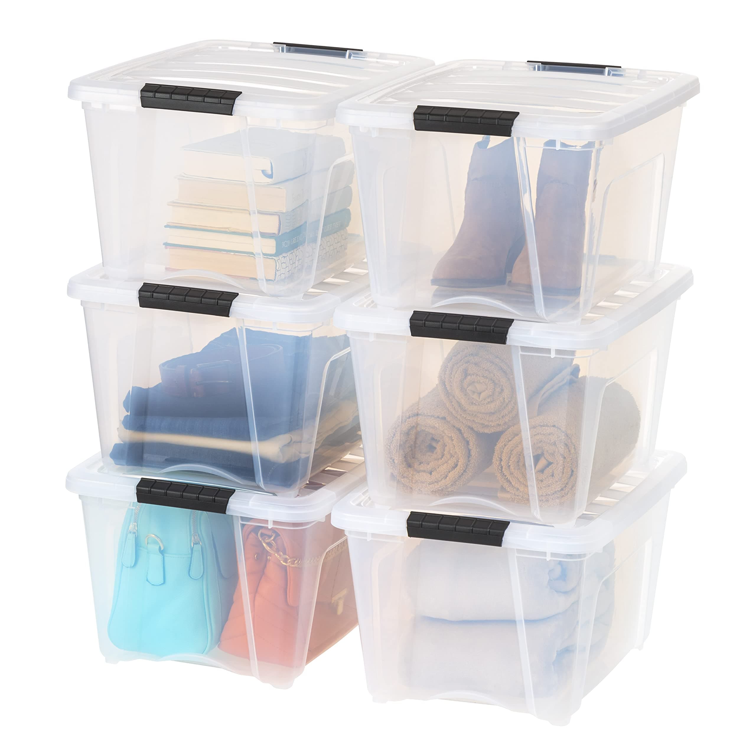 USA 6 Pack 32qt Clear View Plastic Storage Bin with Lid and Secure Latching Buckles
