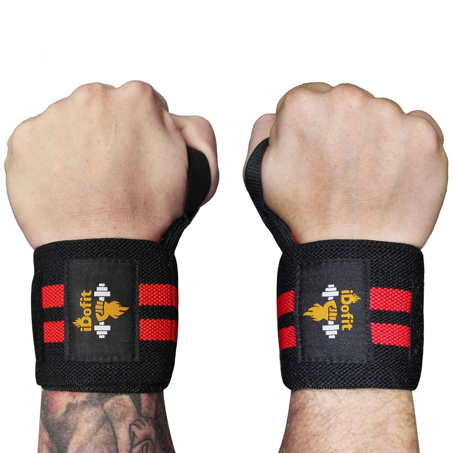 iDofit Wrist Wraps Support (Pair) - 18" Professional Grade with Thumb Loop - Improve Hand Grip & Prevent Injury - Wrist Straps Braces for Weight Lifting, Powerlifting, Weight & Strength Training