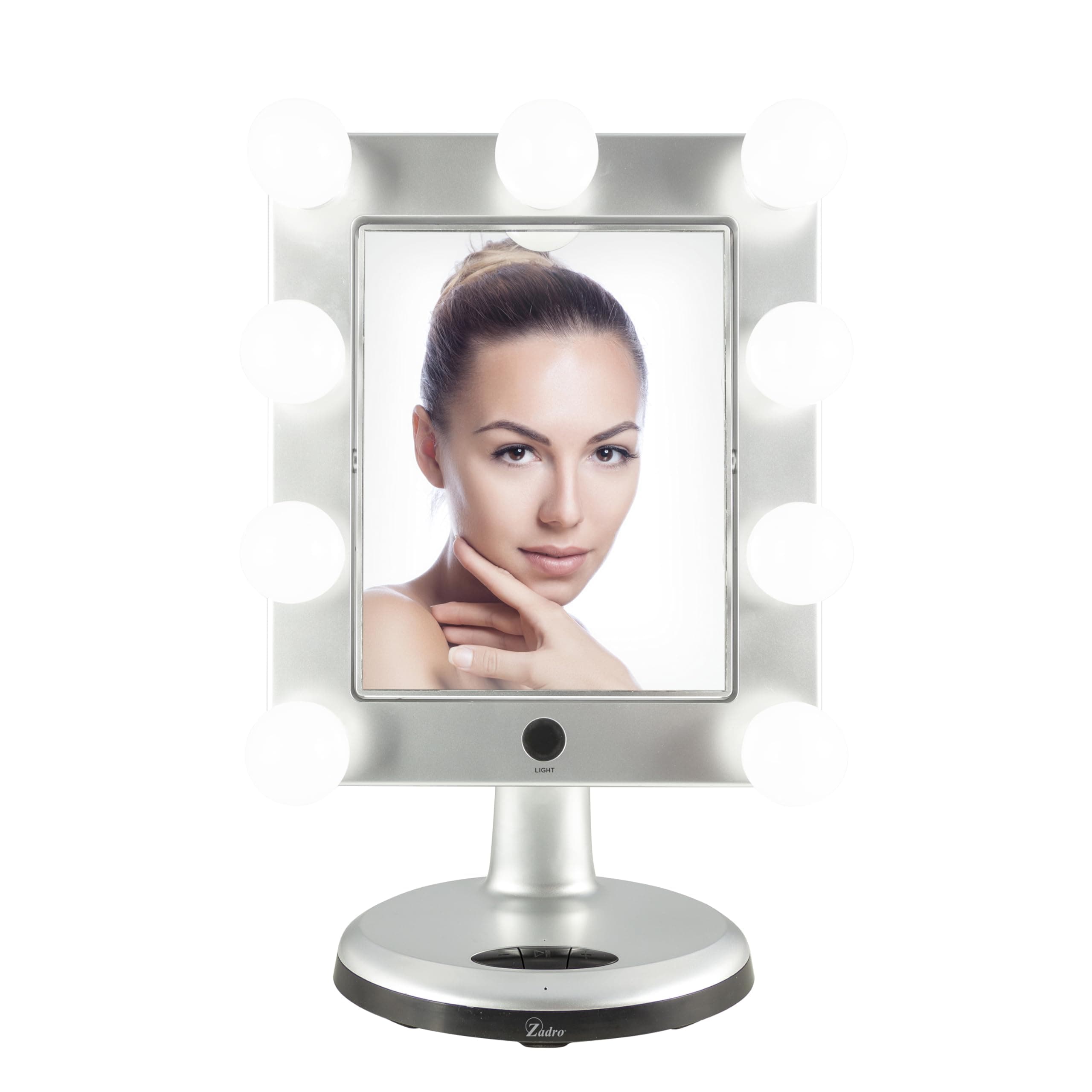 Zadro Melrose LED Variable 3-Color Lighted Dual-Sided 5X/1X Magnification Bluetooth Vanity Beauty Makeup Hollywood-Style Mirror, Satin Nickel