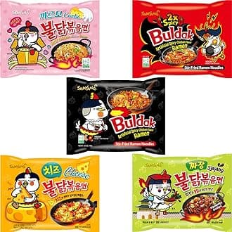 OHMARKET Samyang Buldak Korean Hot Spicy Chicken Stir-Fried Ramyun Noodles 5 Flavor Combo (Original + 2x Spicy + Carbo + Jjajang + Cheese) 5 Pack