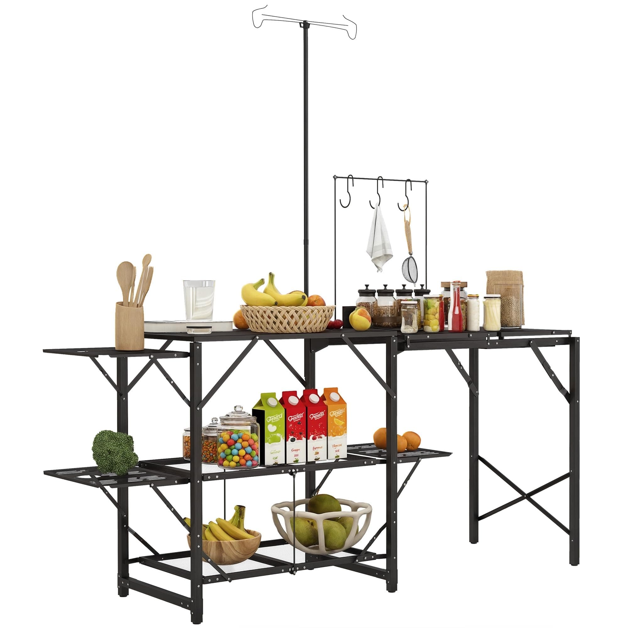 Folding Camp Kitchen Table, Portable Camping Cooking Station with Adjustable Lantern Holder, Hanging Hooks and Carrying Bag for Outdoor Picnic Beach BBQ Traveling