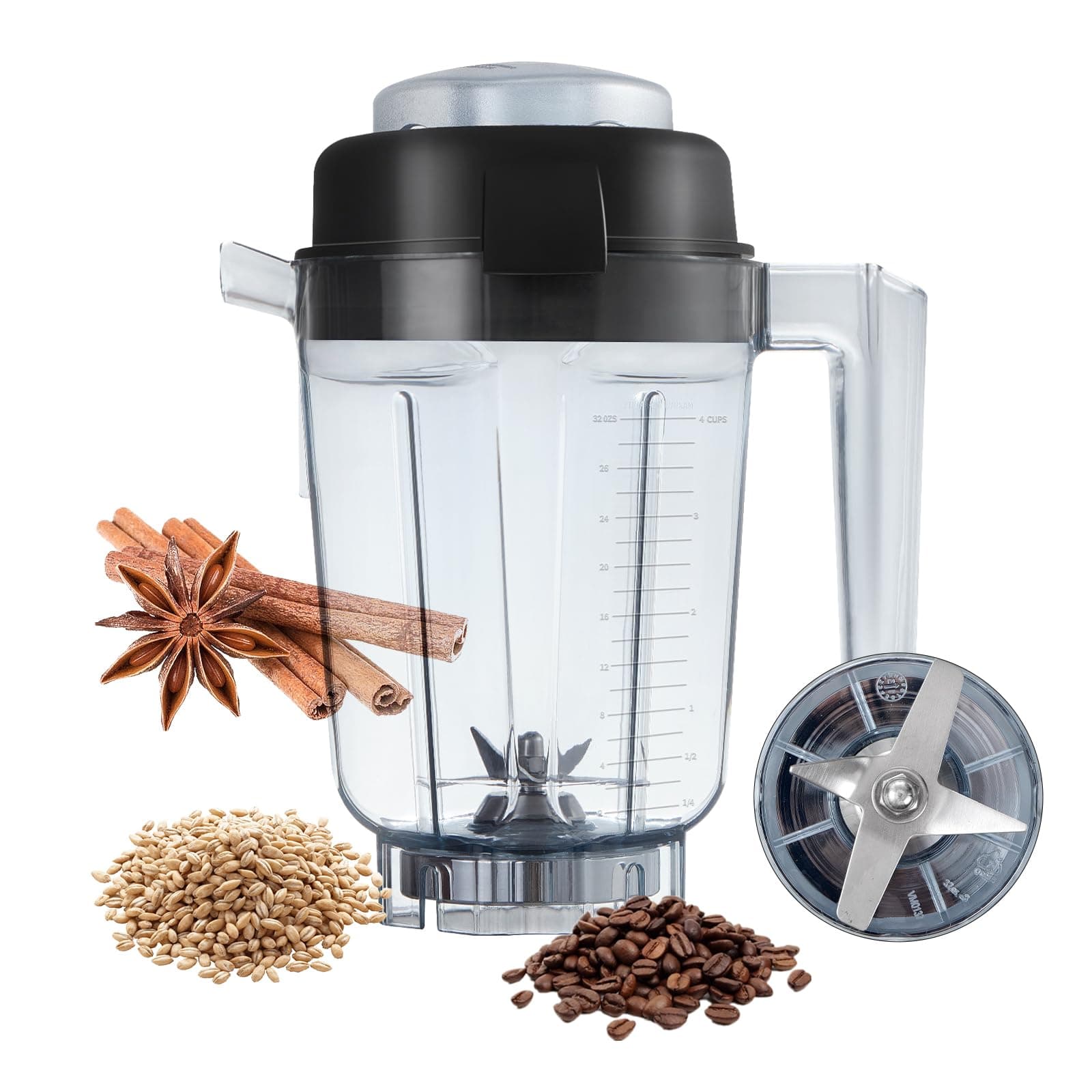 Dry Grains Container 32 oz with Dry Blade Compatible with 5200 5000 E310 VM0197 VM0102 VM0103 Professional Blenders, Dry Grain Mill Attachment Grinder Container Jar Pitcher Grind Grains Coffee - 3YR