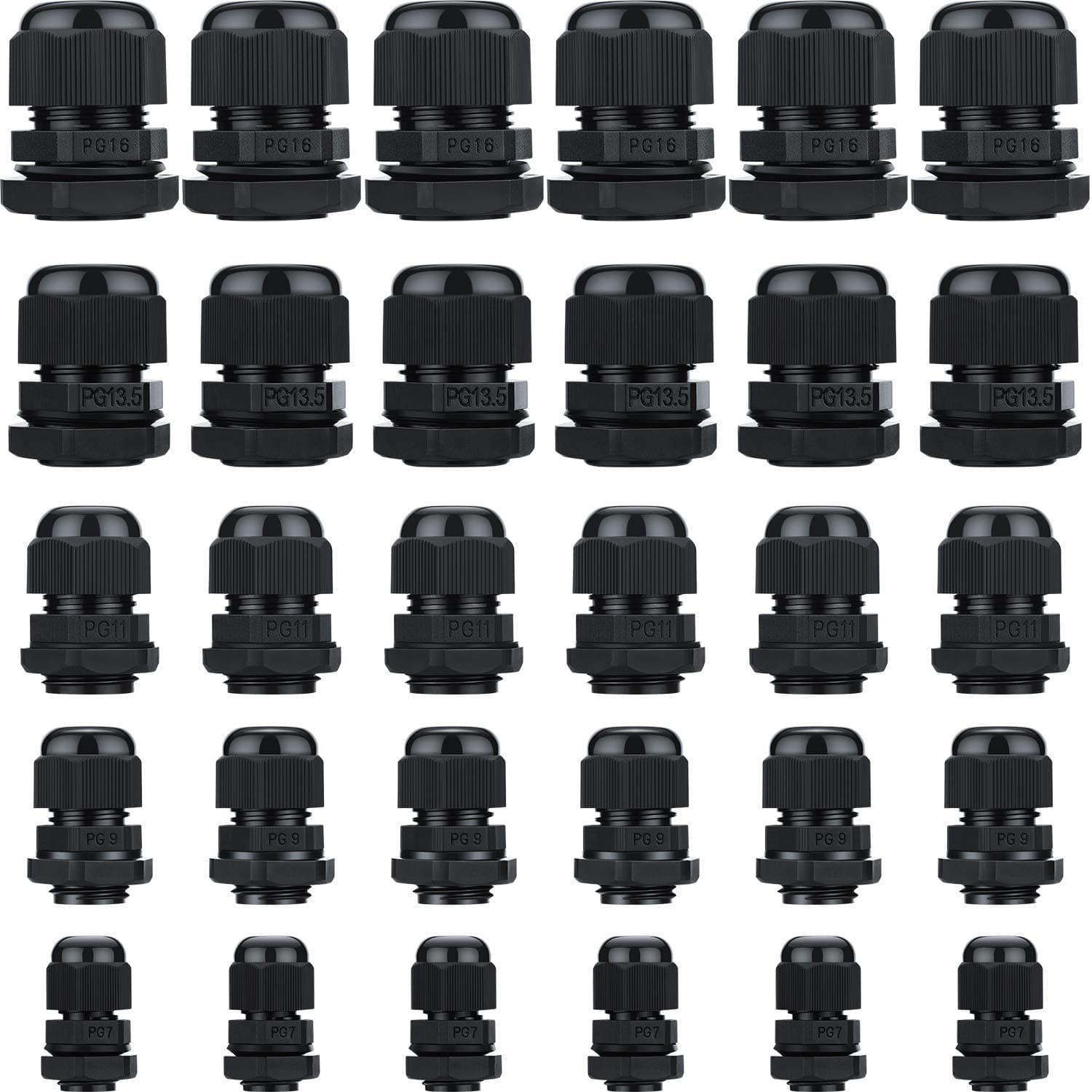 Plastic Waterproof Adjustable 3.5-13mm Cable Glands Joints, PG7, PG9, PG11, PG13.5, PG16 (35 Pieces)