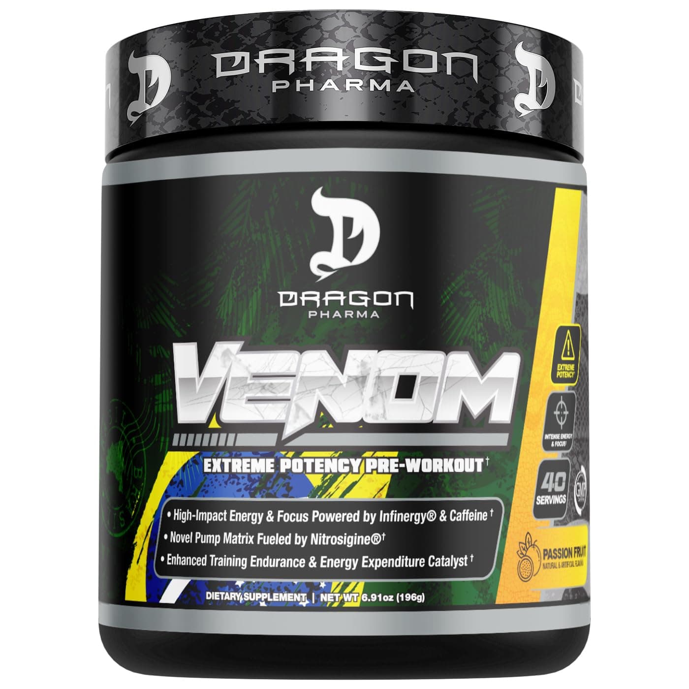 DRAGON PHARMA Venom Extreme Potency Pre-Workout, Laser Sharp Focus + Energy, Intense Performance, Proven Ingredients for Enhanced Vasodilation & Endurance (40 Servings, Passion Fruit)