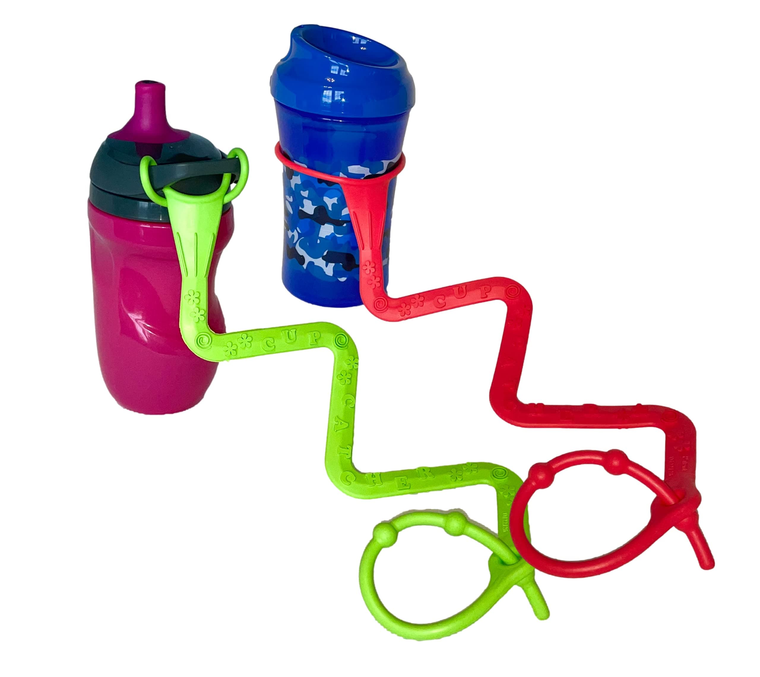 Cup Catcher - Patented Safety Tether to attach Sippy Cups, Bottles, Toys & Pacifiers to Strollers, High Chairs & Car Seats, Made in USA, FDA grade, Dishwasher Safe - 2 Pack (Lime & Red)