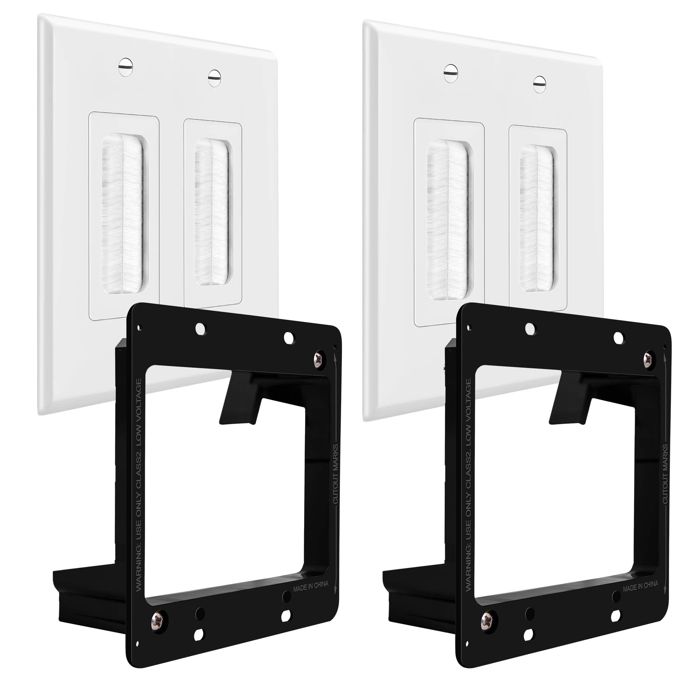 TOPGREENERBristled Brush Wall Plate with Mounting Brackets, Pass-Through Wall Plate for Low Voltage Cables, Mid-Size 2-Gang 4.88" x 4.92", Polycarbonate Thermoplastic, TG8892MB-2PCS, White, 2 pack