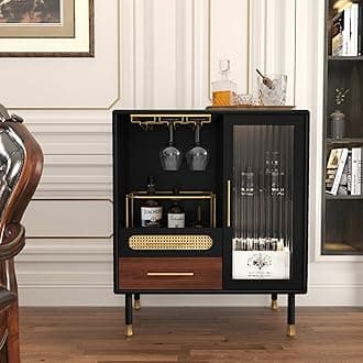 Modern Coffee Bar Cabinet with Wine Glass Rack and Drawers, Black Liquor Cabinet with Pull-Out Wine Storage for Kitchen, Dining Room, Living Room