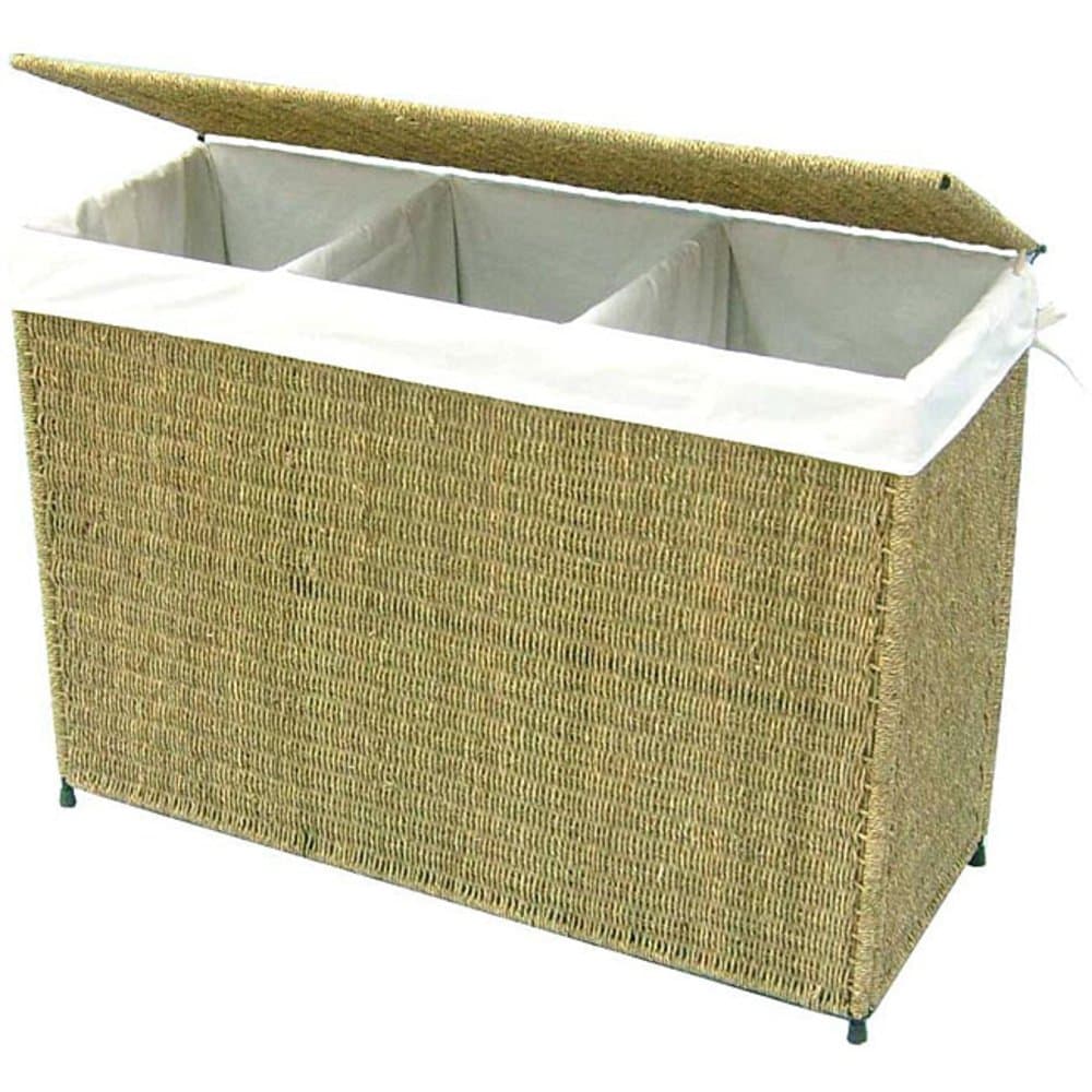 Woven Seagrass Full-Load Home Laundry Hamper with Three Compartment and White Liner