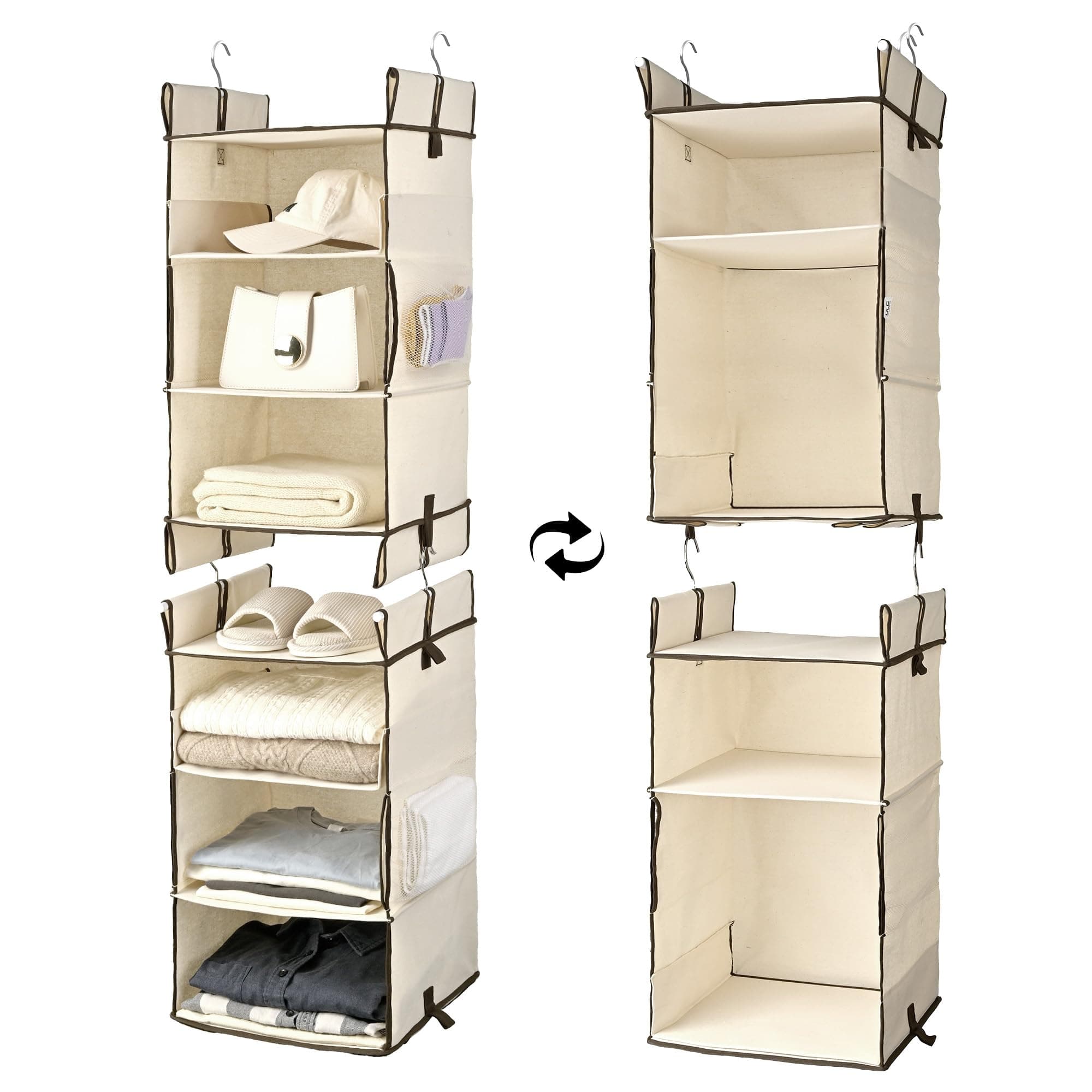 ULG 2-Pack Hanging Closet Organizer, 2/3-Tier Reversible Clothing Hanging Shelves with 4 Side Pockets for Wardrobe Clothes Sweater Handbag Storage, Foldable, Ivory, Separable, Beige