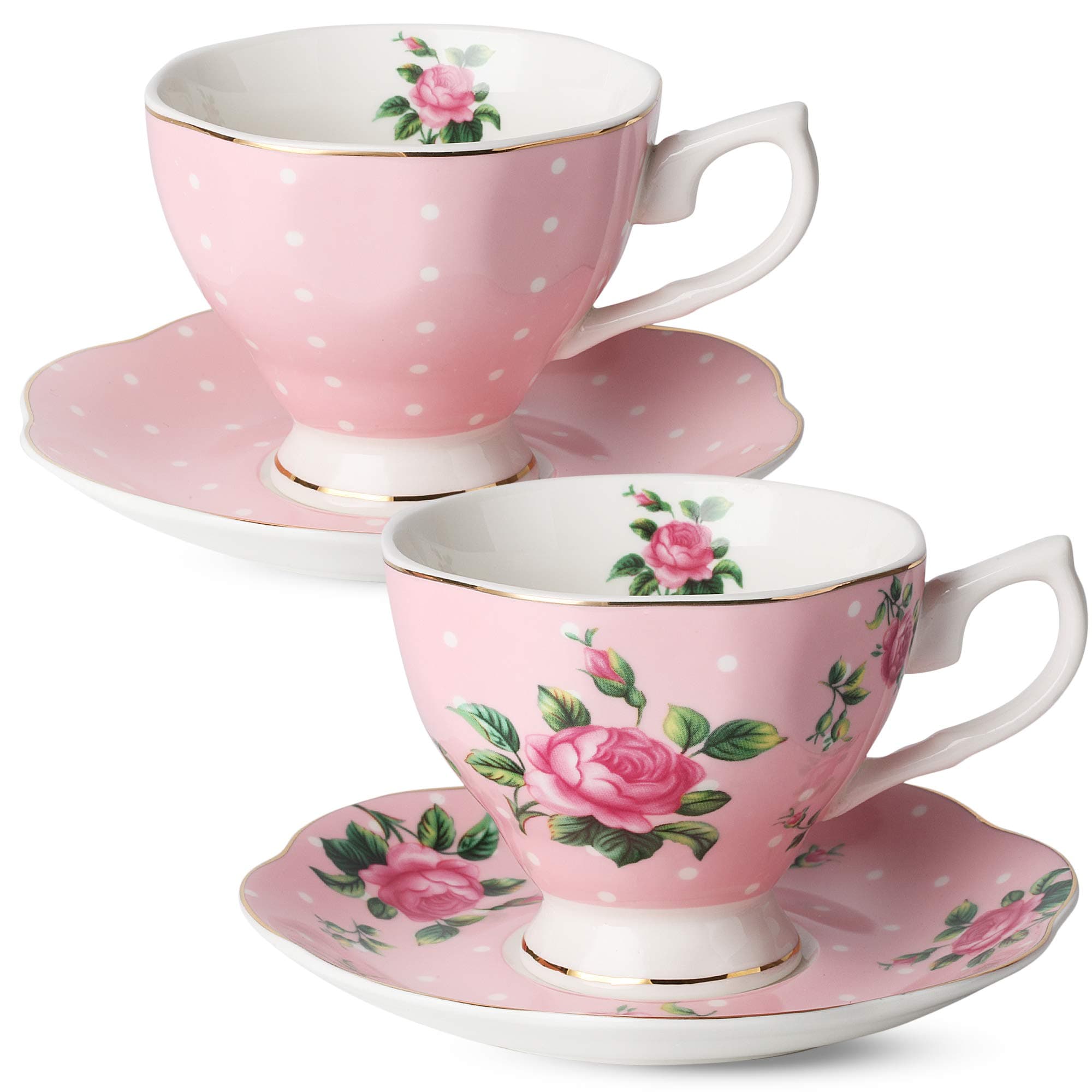 BTaT- Floral Tea Cups and Saucers, Set of 2, 8 oz, Fine Porcelain Teacup Set with Gold Trim for Afternoon Tea, Weddings, Parties & Gifting, Dishwasher Safe, Lightweight, Non-Toxic, Mothers Day Gift