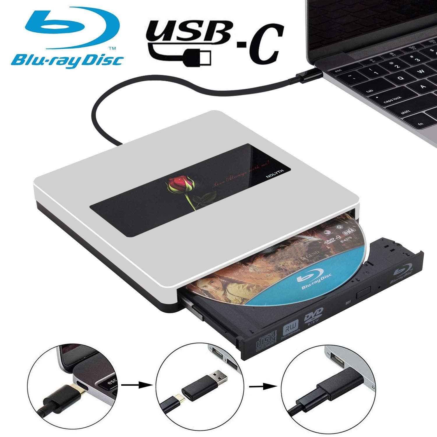 External Bluray Drive USB3.0 NOLYTH USB C External Blu Ray Player Burner Drive for Laptop/MacBook Air/Pro/PC/Windows10
