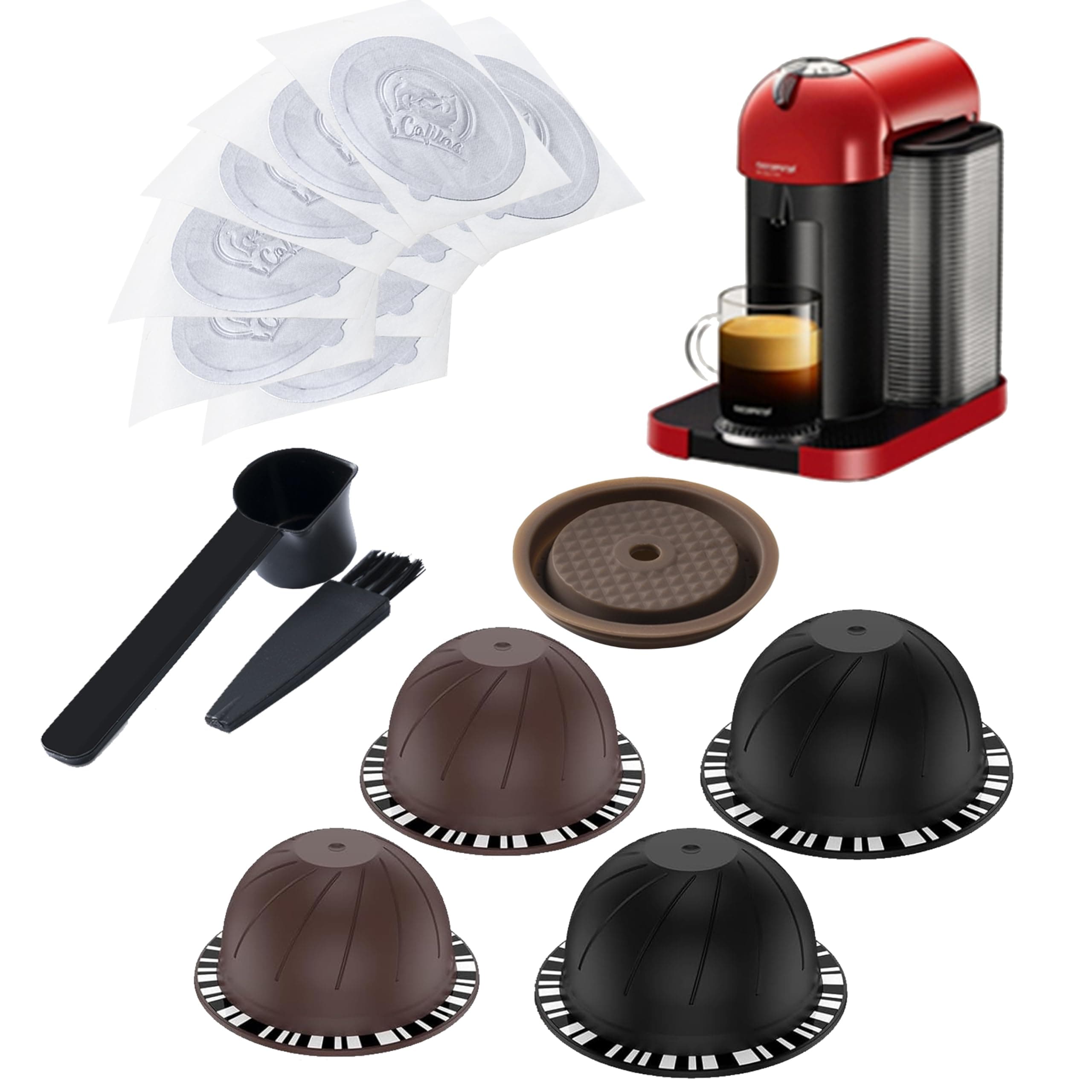 8-Pack Vertuo Reusable Pods, Refillable Vertuo Coffee Pods with 150ml & 230ml Capsules, Includes Silicone Lids & 10 Aluminum Seals