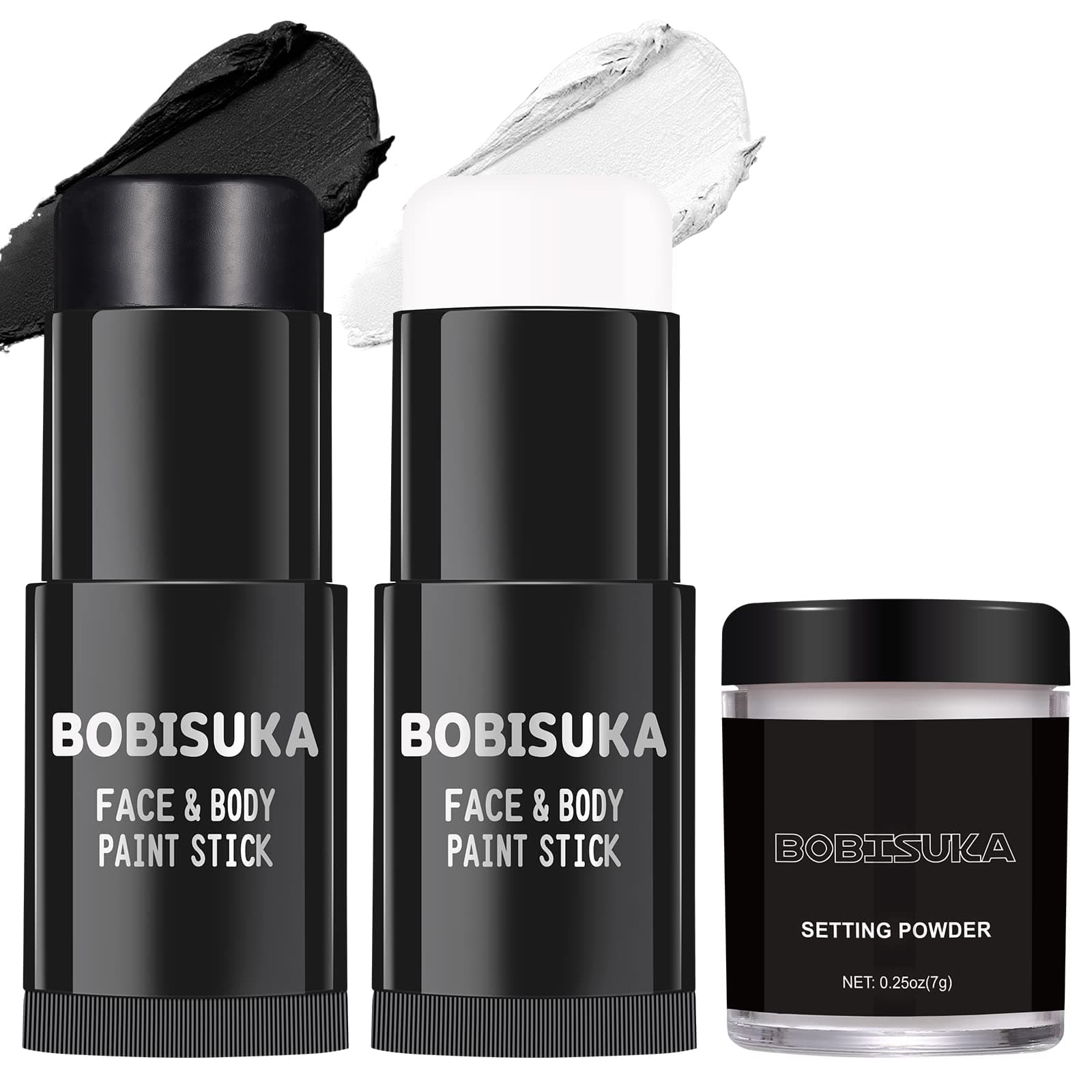 BOBISUKA Black White Face Paint Stick with Setting Powder Set, Eye Black Sticks for Sports, Body Paints for Clown Skeleton Vampire Skull Cosplay Special Effects Costume SFX Halloween Makeup Kit