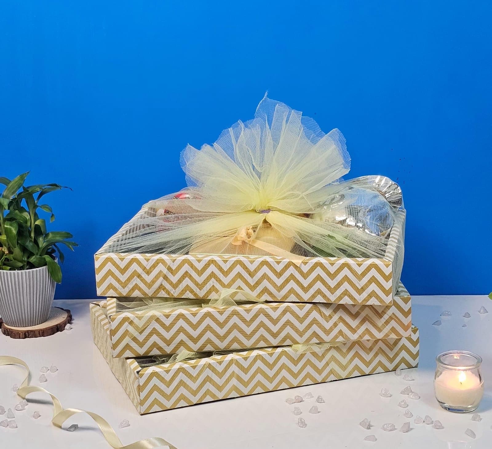 SATYAM KRAFT 6 Pcs Multipurpose Decorative Folding Gift Box | Premium Paper Tray with Net for Wedding Return Gifts, Shaadi/Marriage, Anniversary, Hampers, Festive Gift Packaging (Golden)