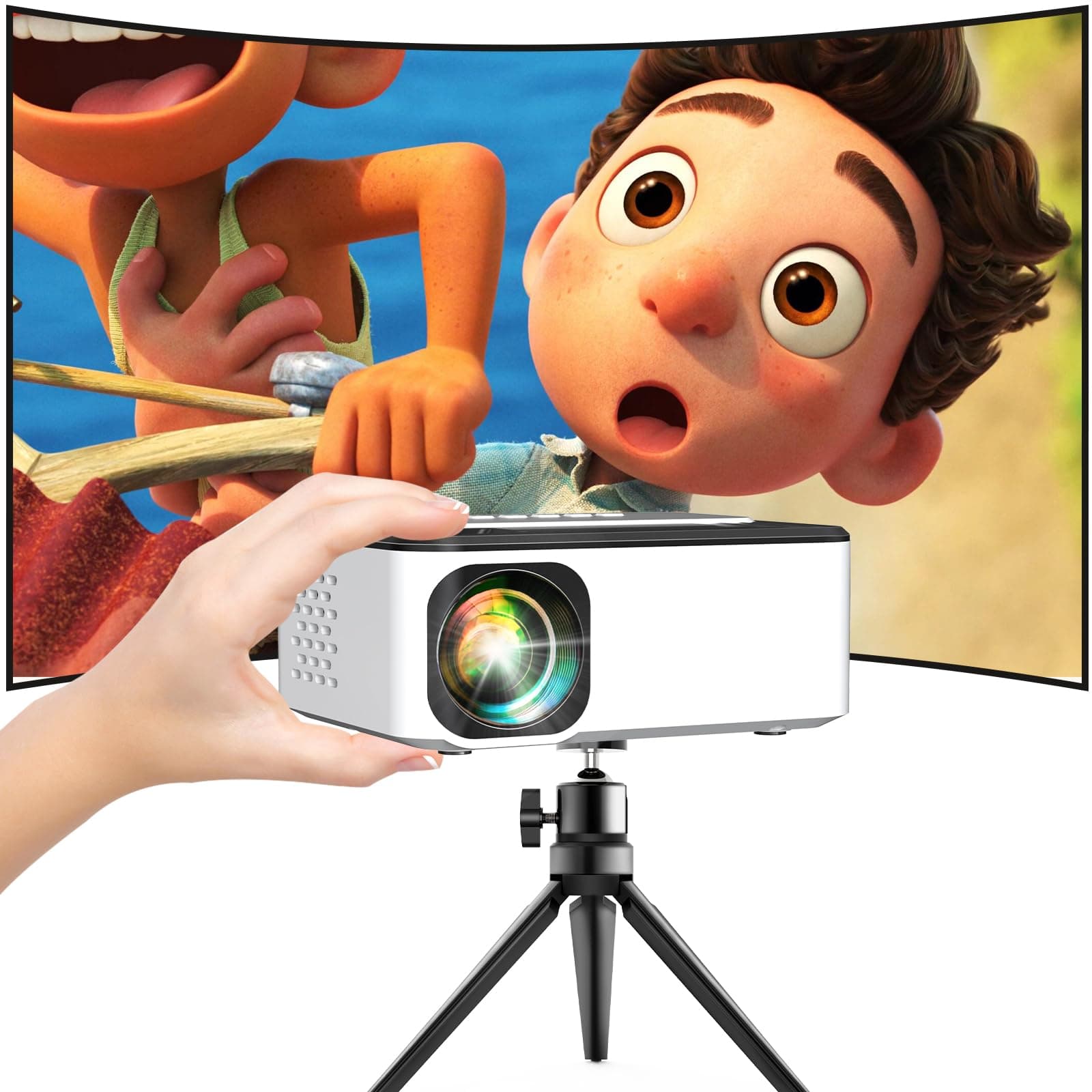 Mini Projector 7500Lumens Portable LCD Projector [100" Projector Screen Included] Full HD 1080P Supported, Compatible with TV Stick, Phone, Games, HDMI, AV, Slide Projector for Outdoor Movies