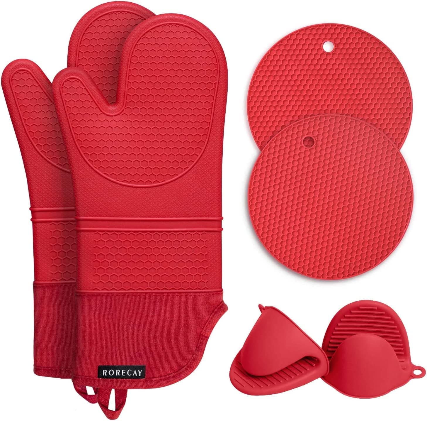 6pcs Oven Mitts and Pot Holders Sets for Kitchen, Extra Long Silicone Oven Gloves Heat Resistant 500 Degrees Non-Slip Potholders Hot Pads for Baking Cooking, Quilted Liner, Red