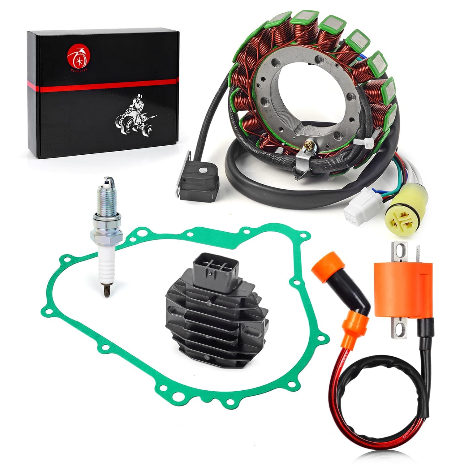 Stator + Rectifier + Ignition Coil + Relay + Gasket kit Compatible with Yamaha Wolverine Rhino 450 Kodiak 400 450 Grizzly 400 450