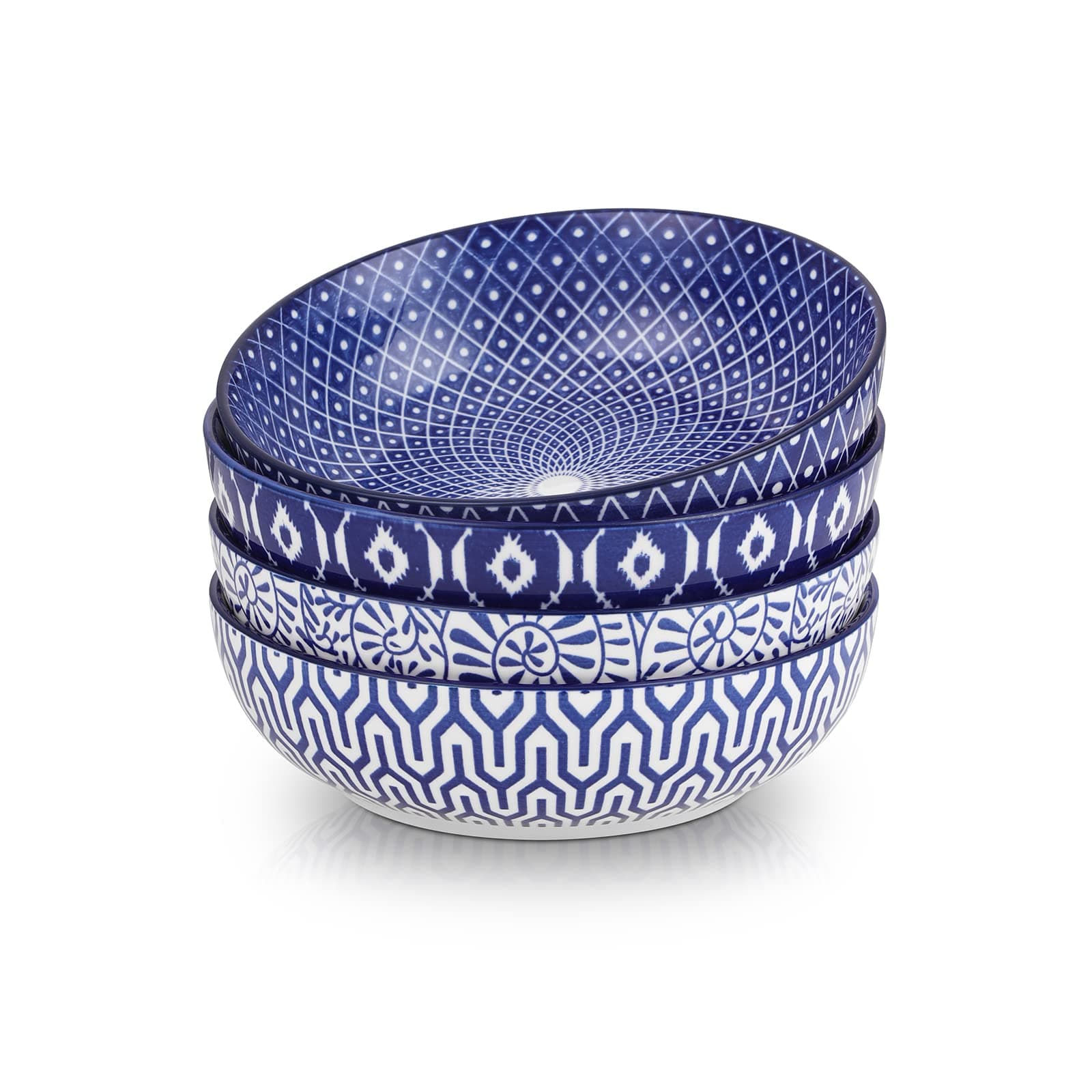 SelamicaCeramic Pasta Bowls Set of 4,Large Salad Bowls, Stackable Serving Bowls, Microwave Dishwasher Safe, 8.6 inch，50 OZ,Vintage Blue