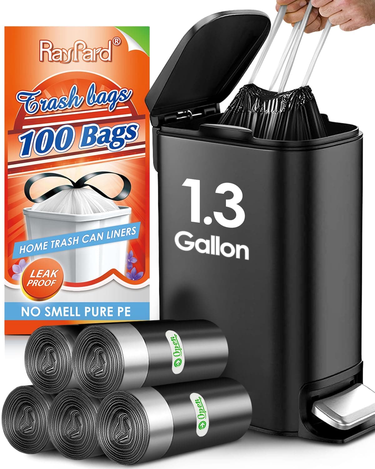1.3 Gallon 100 Counts Strong Drawstring Trash Bags Garbage Bags by RayPard, 1, 1.2, 1.3 Gal Small Plastic Bags, Trash Can Liners for Home Office Kitchen Bathroom Bedroom, Waste Basket Liners (Black)