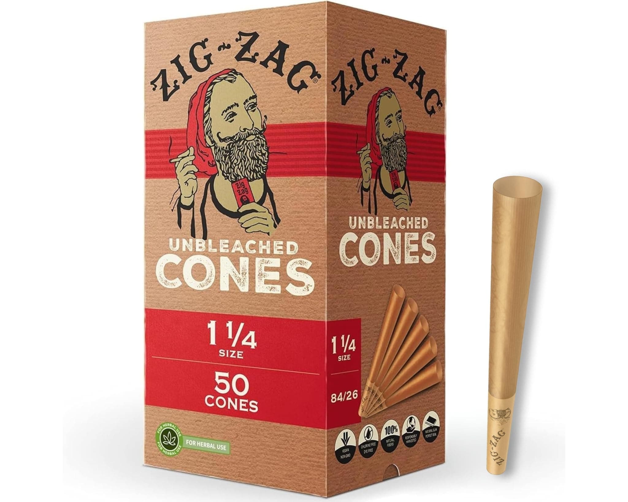 Pre Rolled Cones 1 1/4 Size (50 Pack) Unbleached - Slow Burning Pre Rolled Cones with Tips & Packing Tubes Included - Bulk Pack