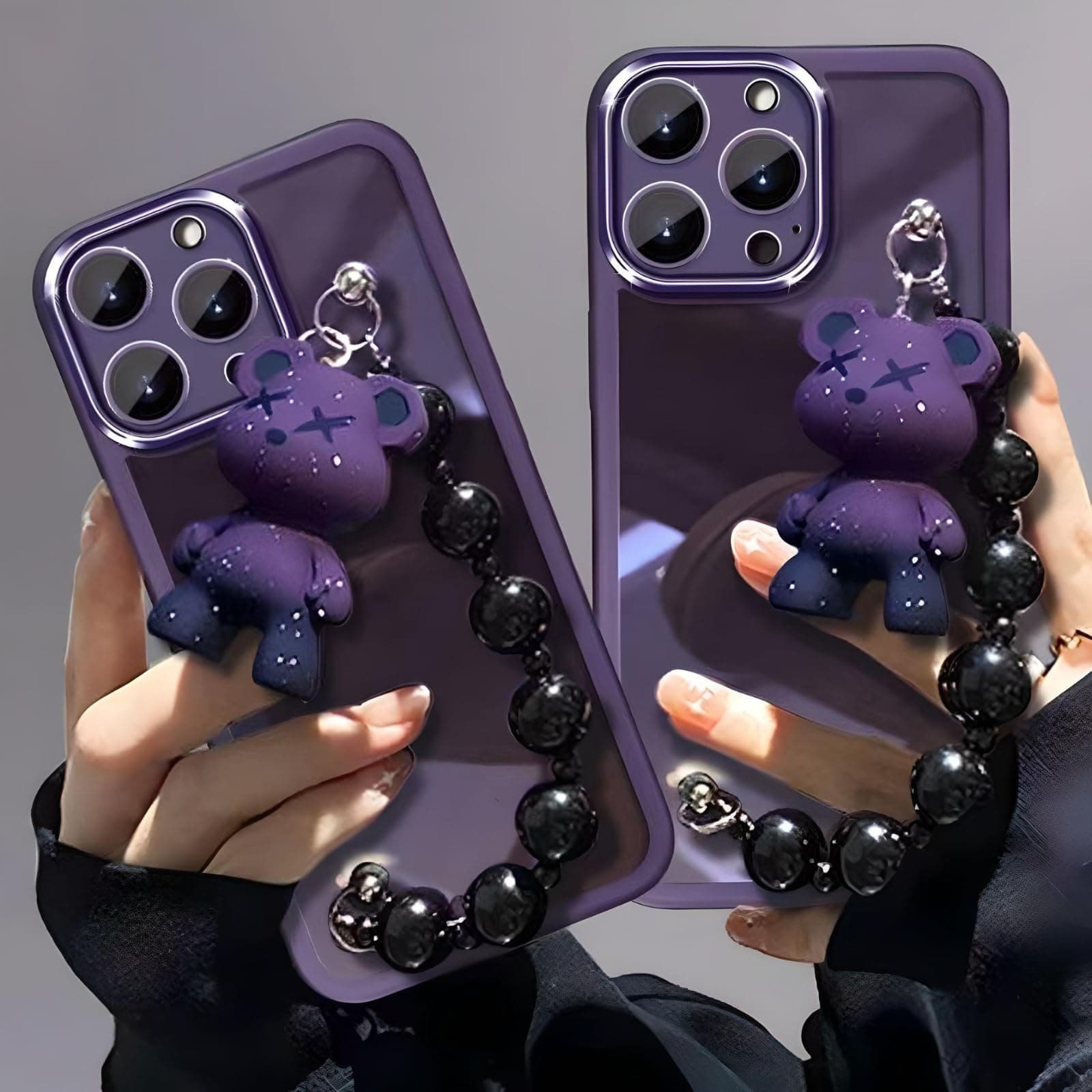 MANLENO for iPhone 14 Pro Max Case Women Cute with Camera Lens Protector Strap Soft Clear TPU Bumper Protective Phone Case (Purple Bear)