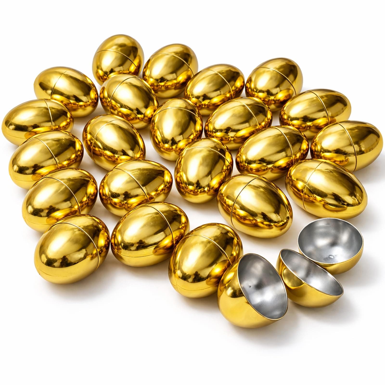 GiftExpress Gold Easter Eggs - 50 Piece Bulk 2.3" x 1.75" Golden Metallic Plastic Eggs Hinged - Adult & Kid Party Toys for Gift Easter Baskets or Egg Hunt Decor