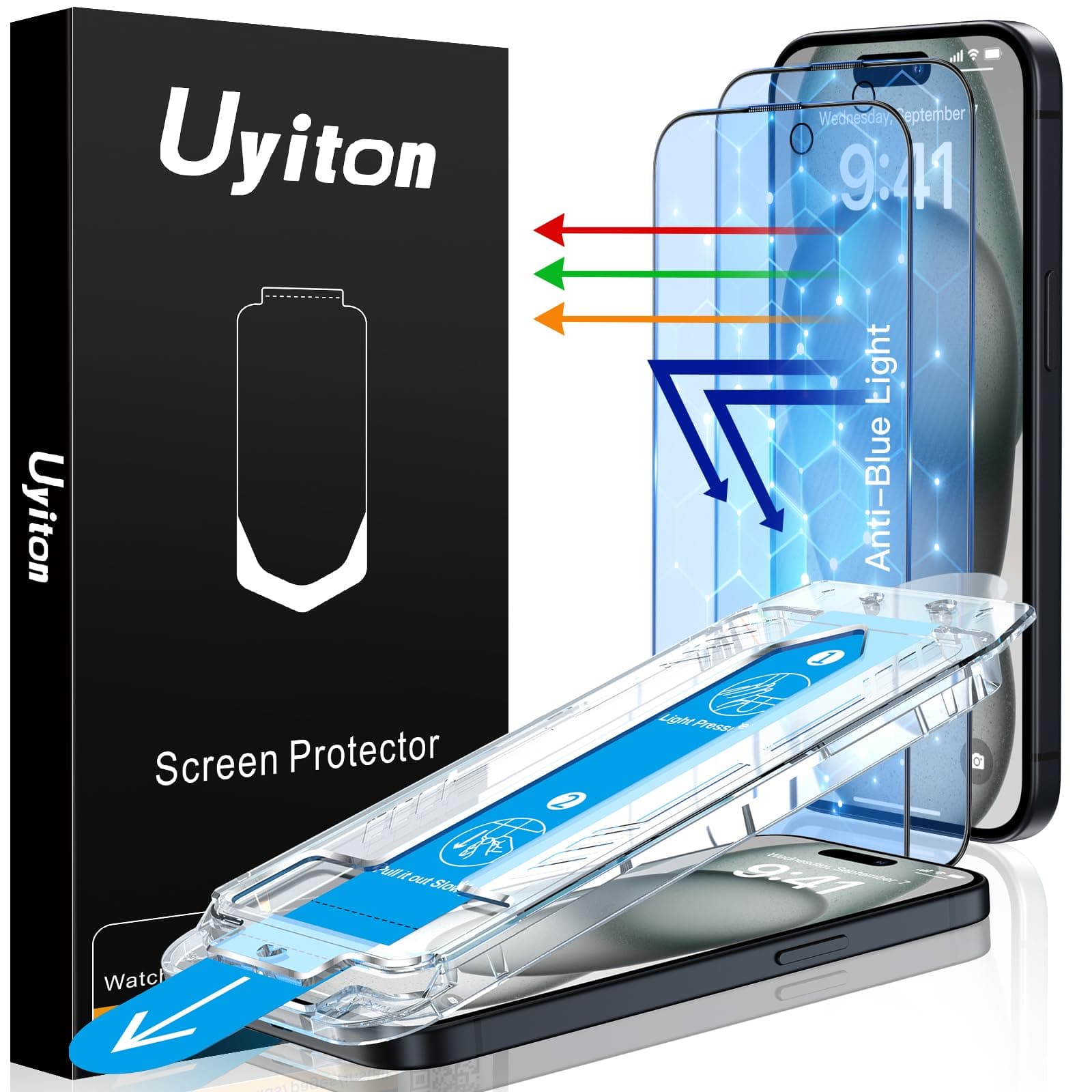 Uyiton Anti-Blue Light for iPhone 15 Plus Screen Protector - Unbreak-Glass Easy to Install Full Coverage Case Friendly Scratch Resistance 9H Tempered Glass Screen Protector for iPhone 15 Plus, 2 Pack