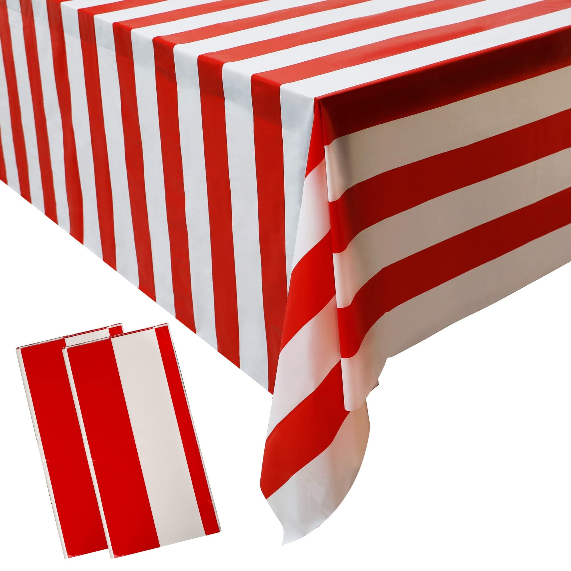 2 Pieces Red and White Striped Tablecloth Plastic Stripe Table Cover Carnival Circus Tablecloths Waterproof Rectangle Tablecloth for Holiday Party Picnic Decoration, 54" x 107"