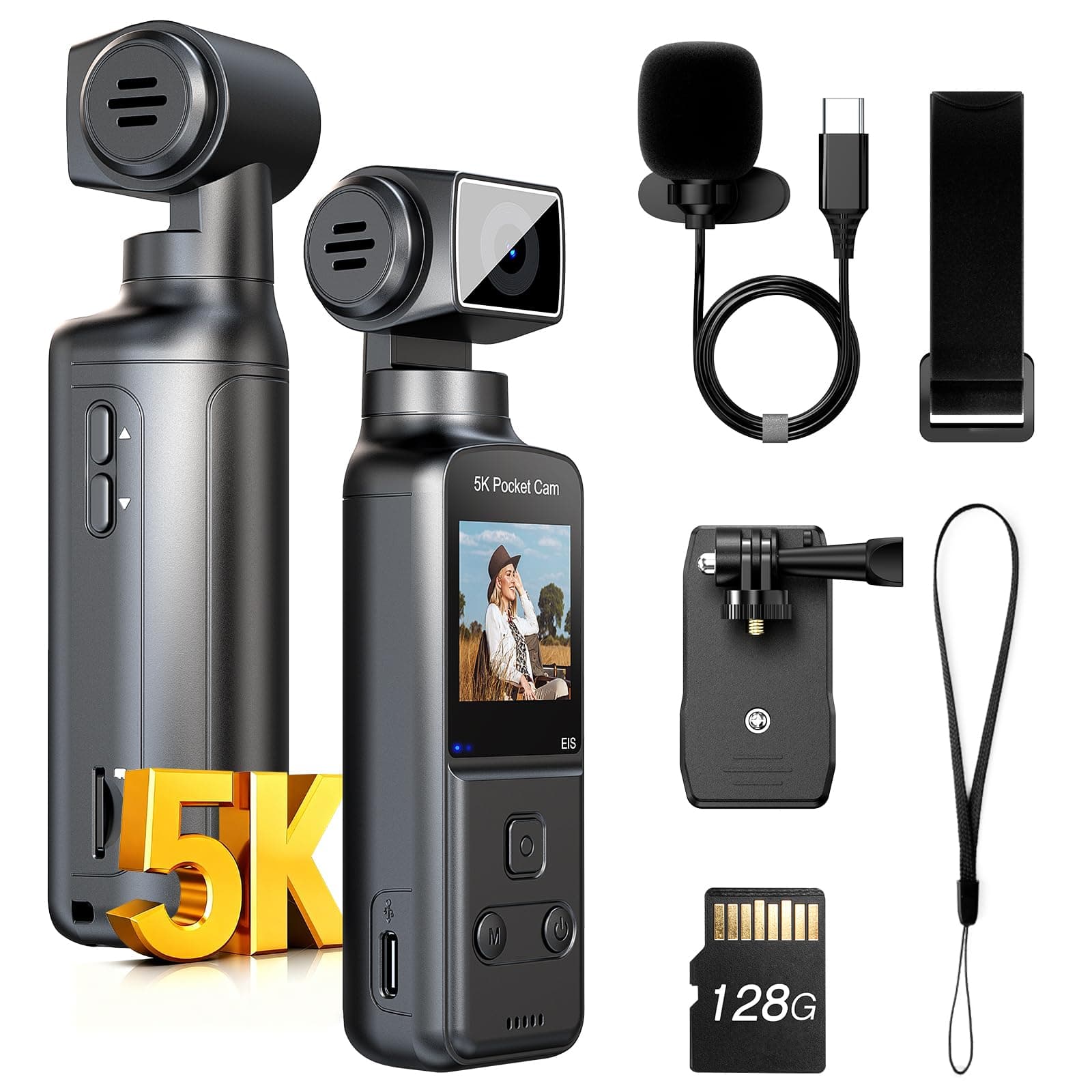 BOBLOV 5K Body Camera with Microphone, W5 Vlogging Camera, 5K/15FPS and 4K/60FPS with 270° Rotating Lens, External Mic Support, Clip/Strap Options, EIS Stabilization for Meeting, and Daily Use (128GB)