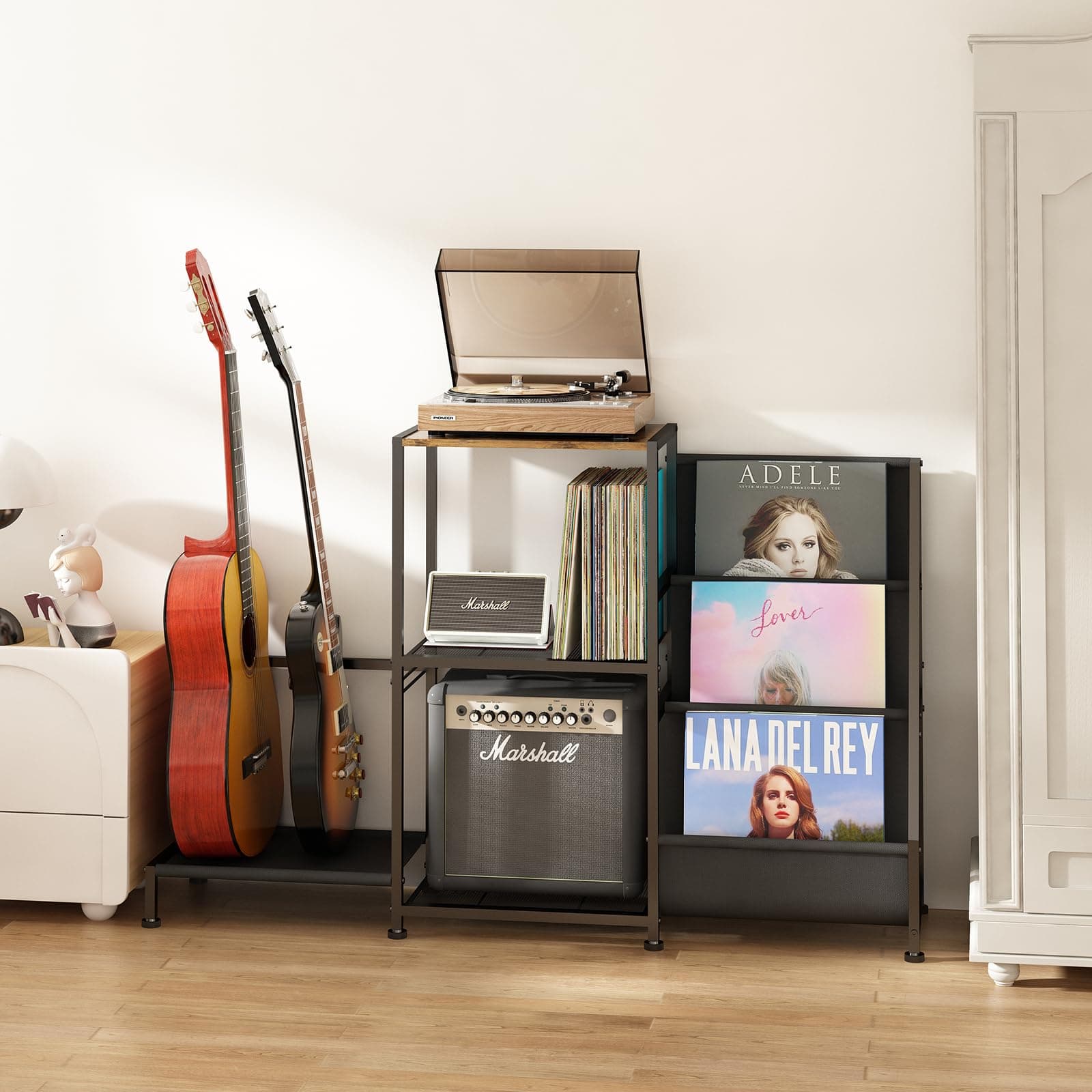 Wisdom Star Guitar Stand for Multiple Guitars with Amp Shelf and Table, 3-layer Vinyl Record Storage Rack, Display Rack for Music Room