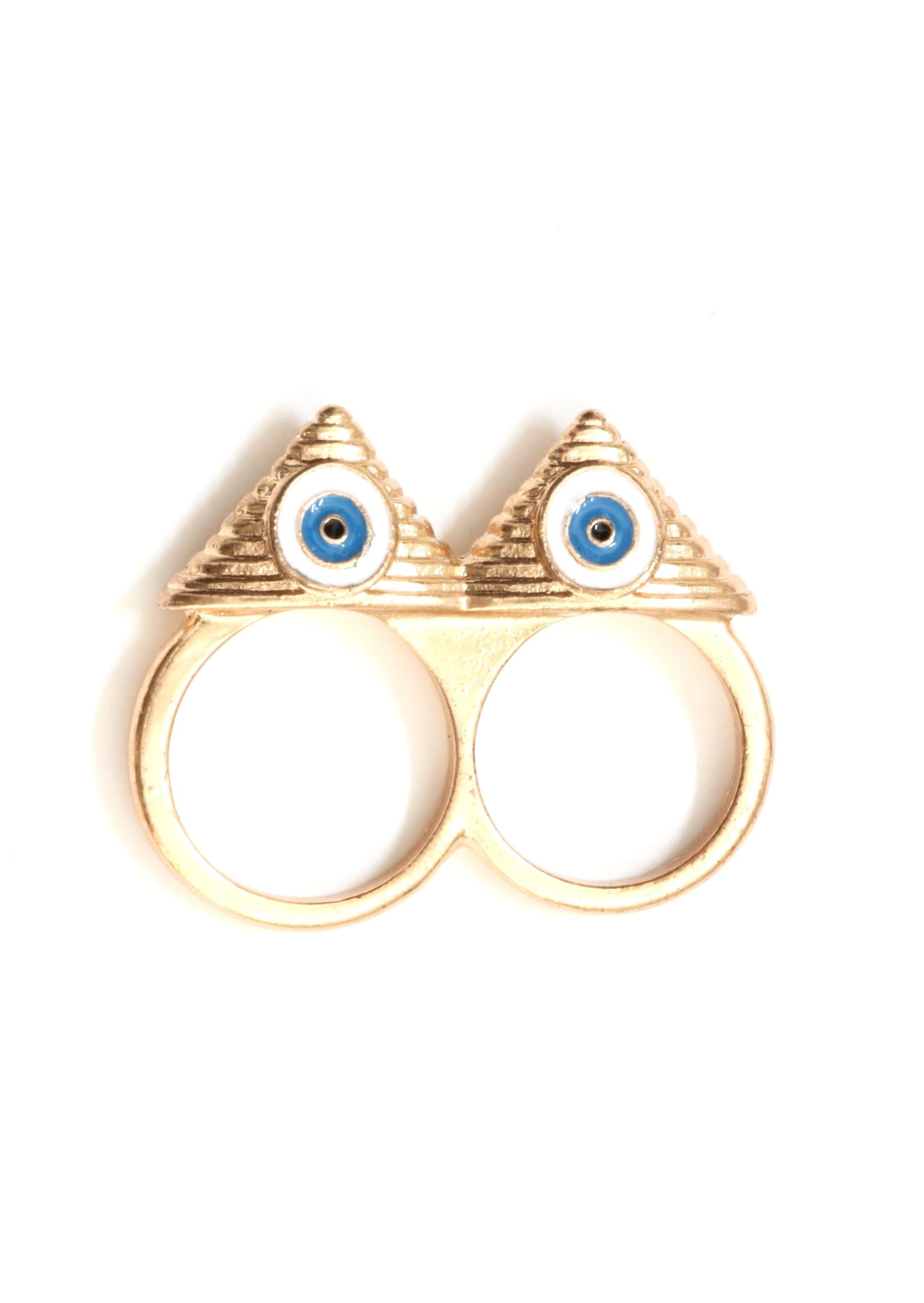 Magic Metal Esoteric Pyramids Double Ring Size Knuckle Gold Tone RI34 Blue Eye
