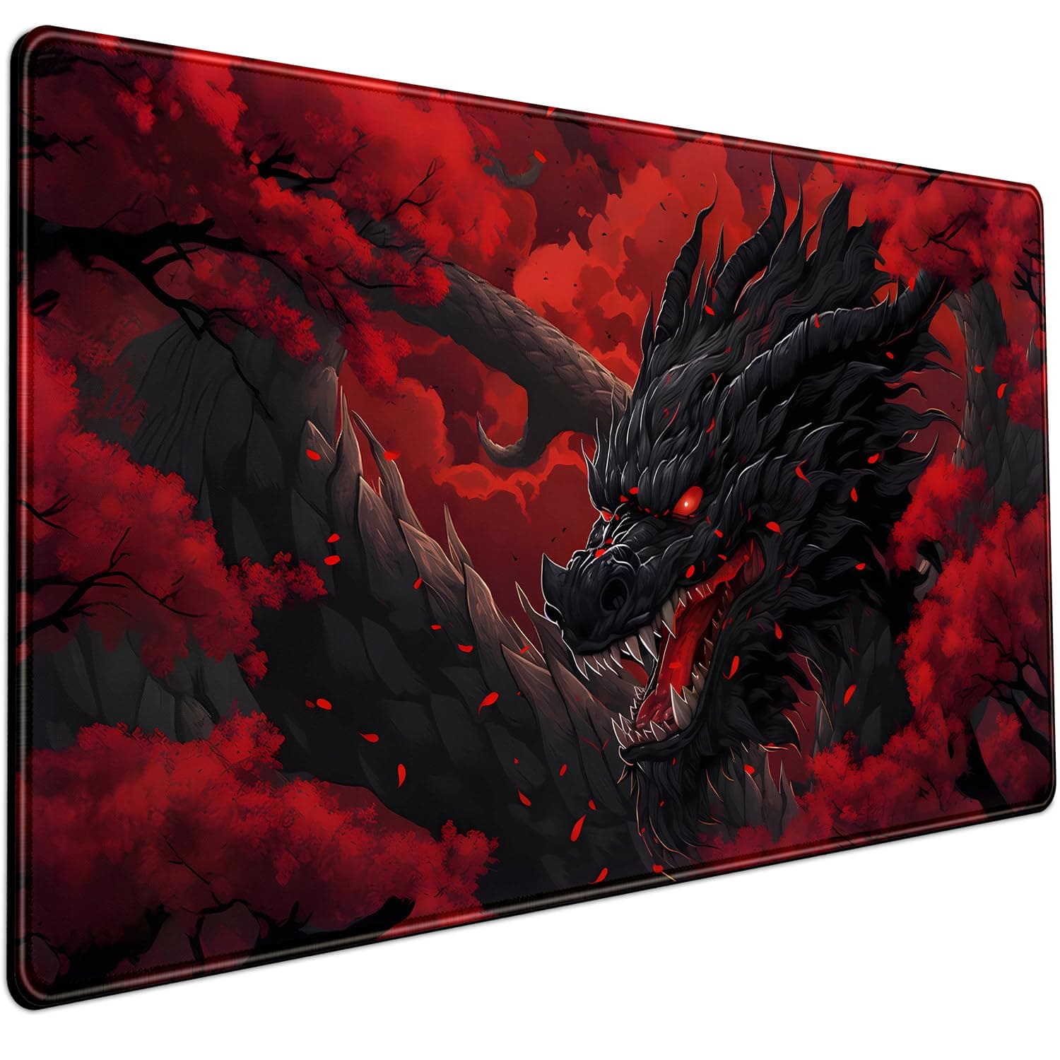 Huge Dragon Large Mouse Pad - Red and Black Mousepad, Big Full Keyboard and Mouse Pad with Stitched Edges, Anti-Slip, Funny Desk Pad, 31.5 X 15.8 in.