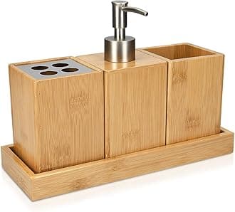 Navaris Bamboo Bathroom Accessories Set - 4-Piece Bath Set with Toothbrush Holder, Soap Dispenser, Storage Container, Organiser Tray - Natural Wood