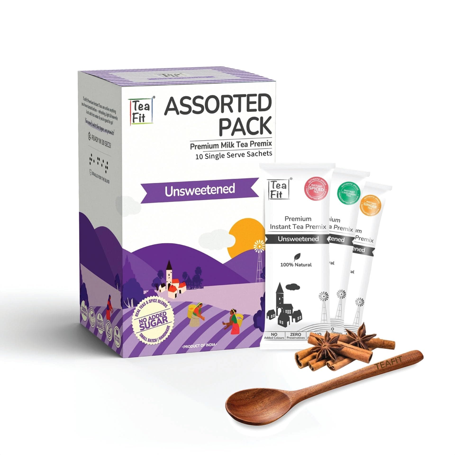 TeaFit Premium NO SUGAR Instant Assorted Tea Premix | Pack of 50 Sachets (700gm) + Spoon | Real Milk | Ginger-Cardamom-Masala-Saffron-Lemongrass Instant Tea | Diabetic Friendly | No Added Sweeteners