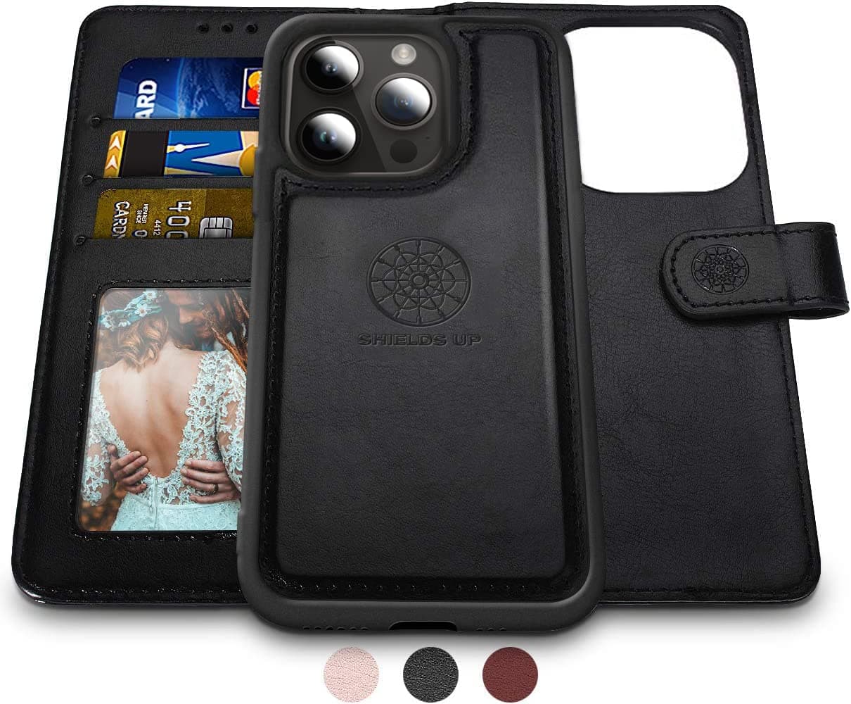 Shields Up Designed for iPhone 14 Pro Wallet Case, Detachable Magnetic Durable Case Wallet with Card Holder & Wrist Strap, [Vegan Leather] Protective Folio Cover for iPhone 14 Pro 6.1 inch -Black