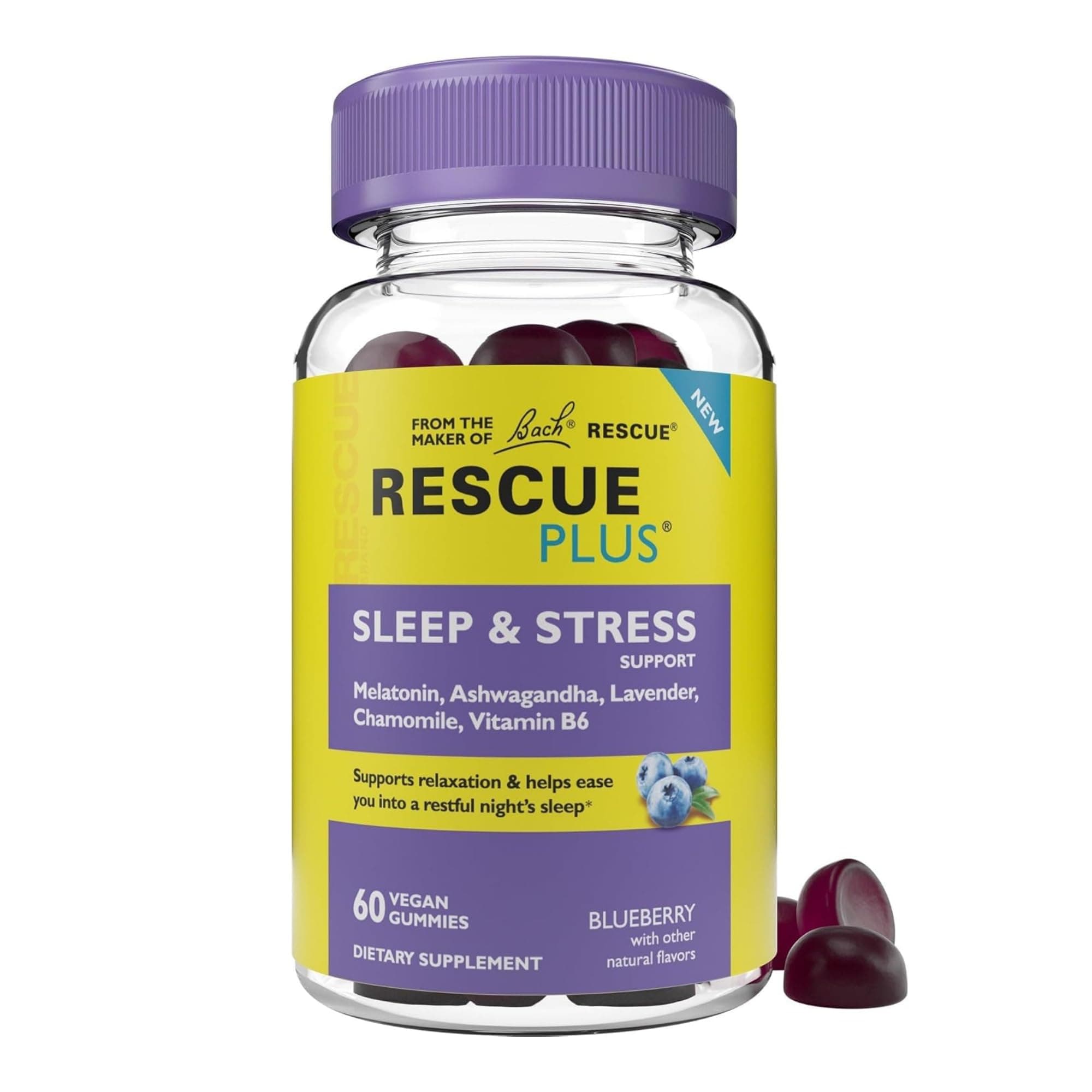 Bach RESCUE PLUS Sleep & Stress Support Gummies, Nighttime Dietary Supplement with 1mg Melatonin, Ashwagandha, Chamomile, Lavender & Vitamin B6, Natural Blueberry Flavor, Vegan & Gluten-Free, 60 Count