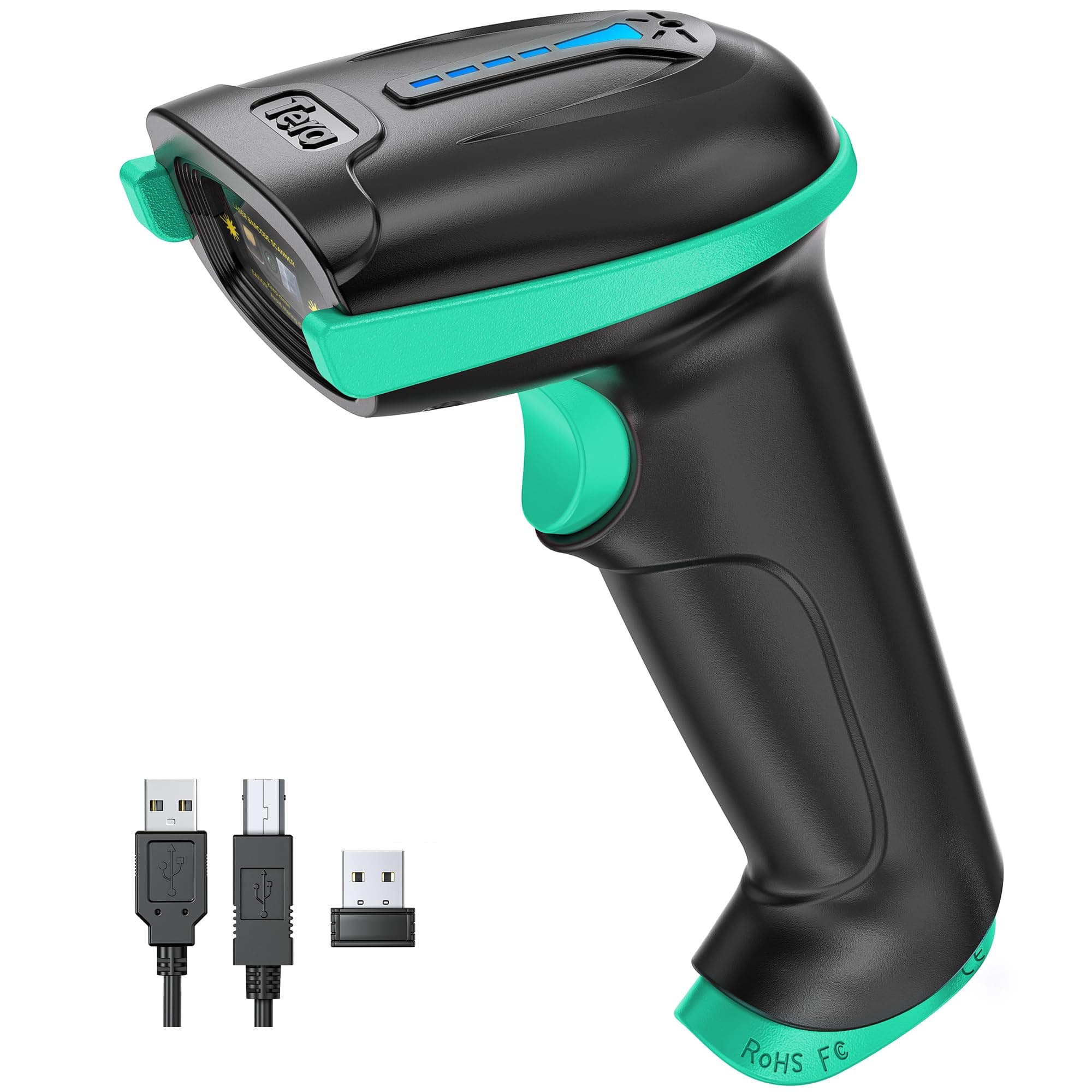Barcode Scanner 1D Wireless with Battery Level Indicator Versatile 2-in-1 (2.4Ghz Wireless+USB 2.0 Wired) 328 Feet Transmission Distance Rechargeable Barcode Reader USB Handheld Bar Code Scanner