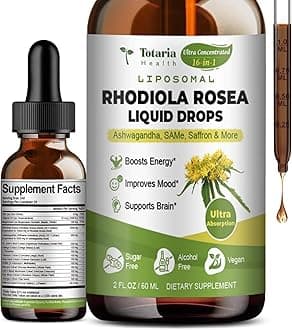 Totaria 16-in-1 Liposomal Rhodiola Rosea Supplement Tincture 1000mg, Ultra Strength Rhodiola 10:1 Root Extract w/Ashwagandha, Rhodiola Liquid Drops for Natural Relaxation, Mood, Energy, Alcohol-Free