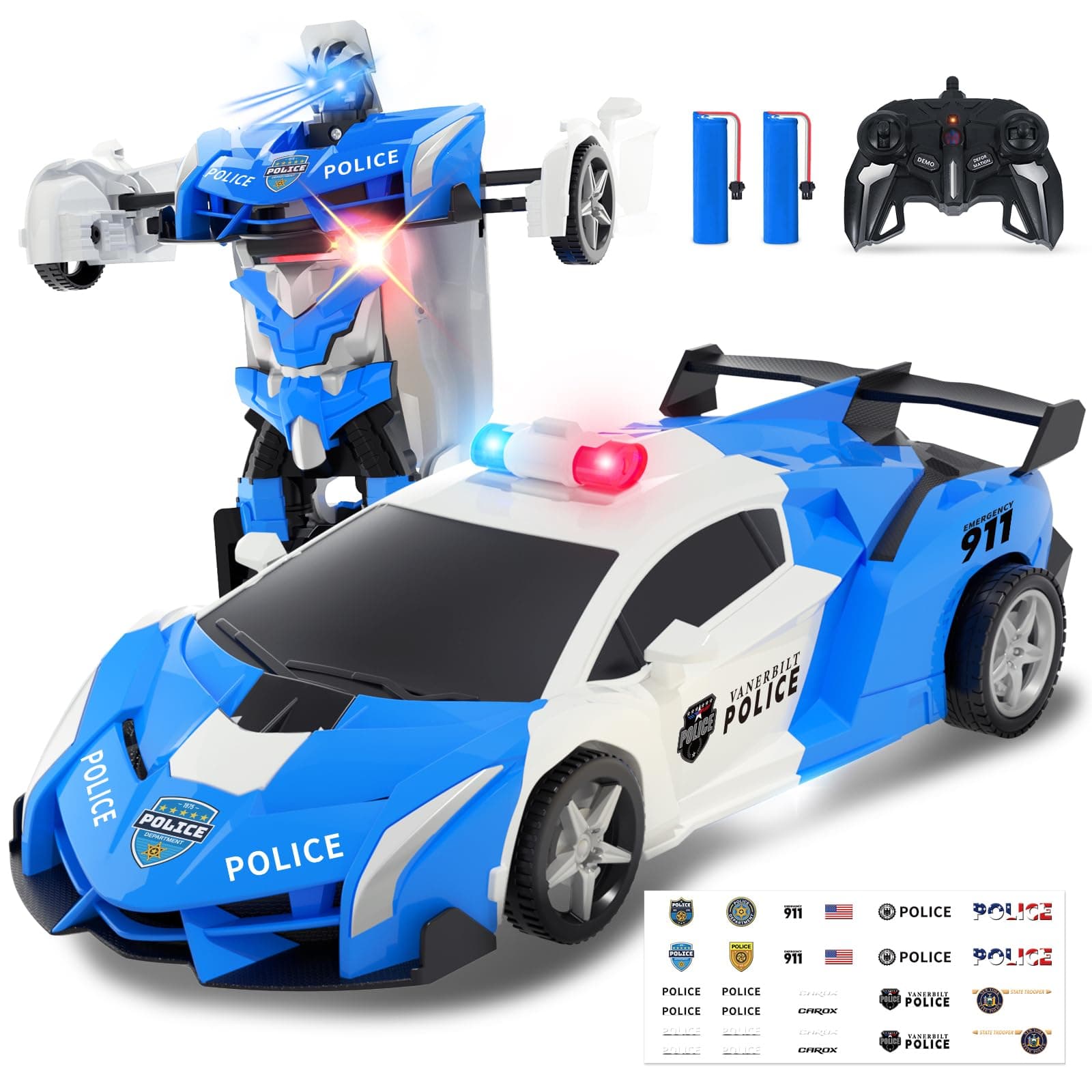 Carox Transform Remote Control Car - Transform Robot RC Car with Laser Eyes, 2.4Ghz Transforming Police Car Toy with 3D Crystal DIY Stickers, One-Button Deformation Toys for Kids